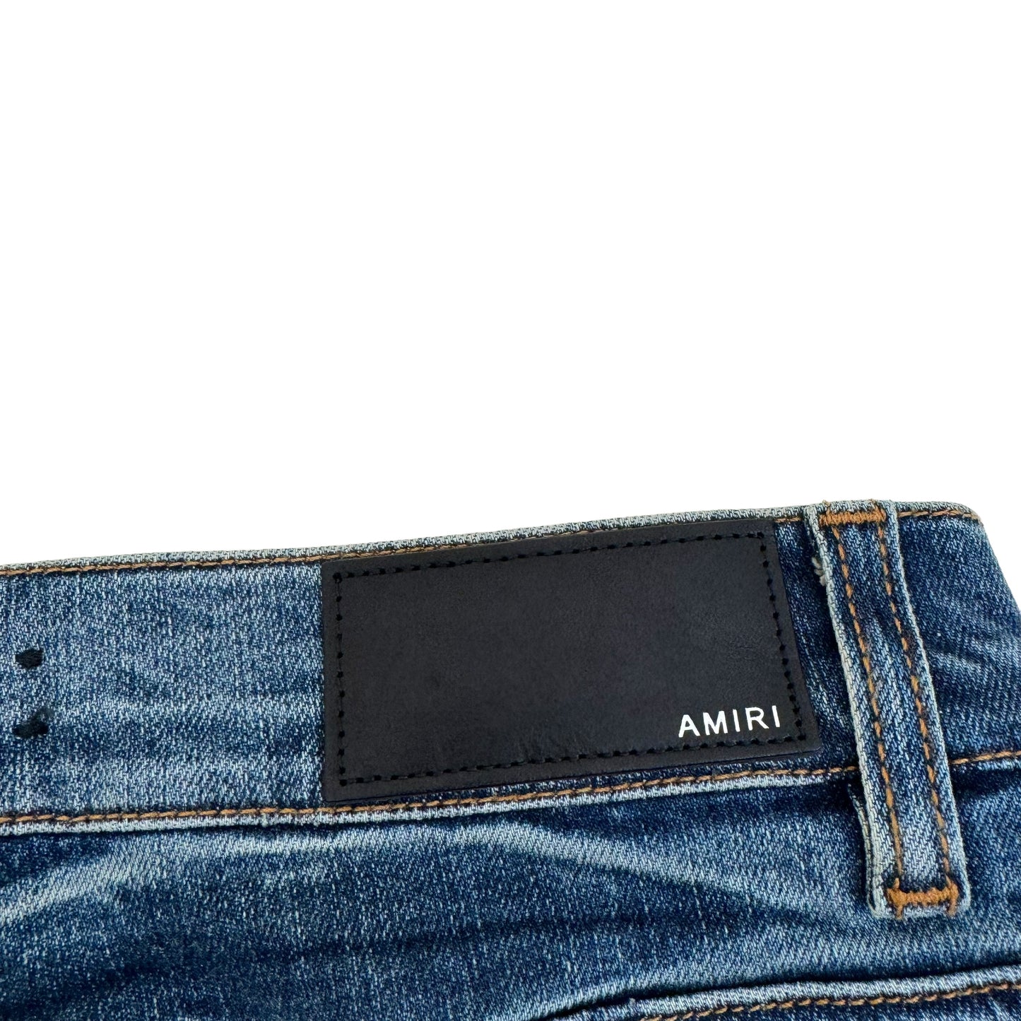 AMIRI MX1 DISTRESSED LEATHER PATCH DENIM JEANS BLUE 30W