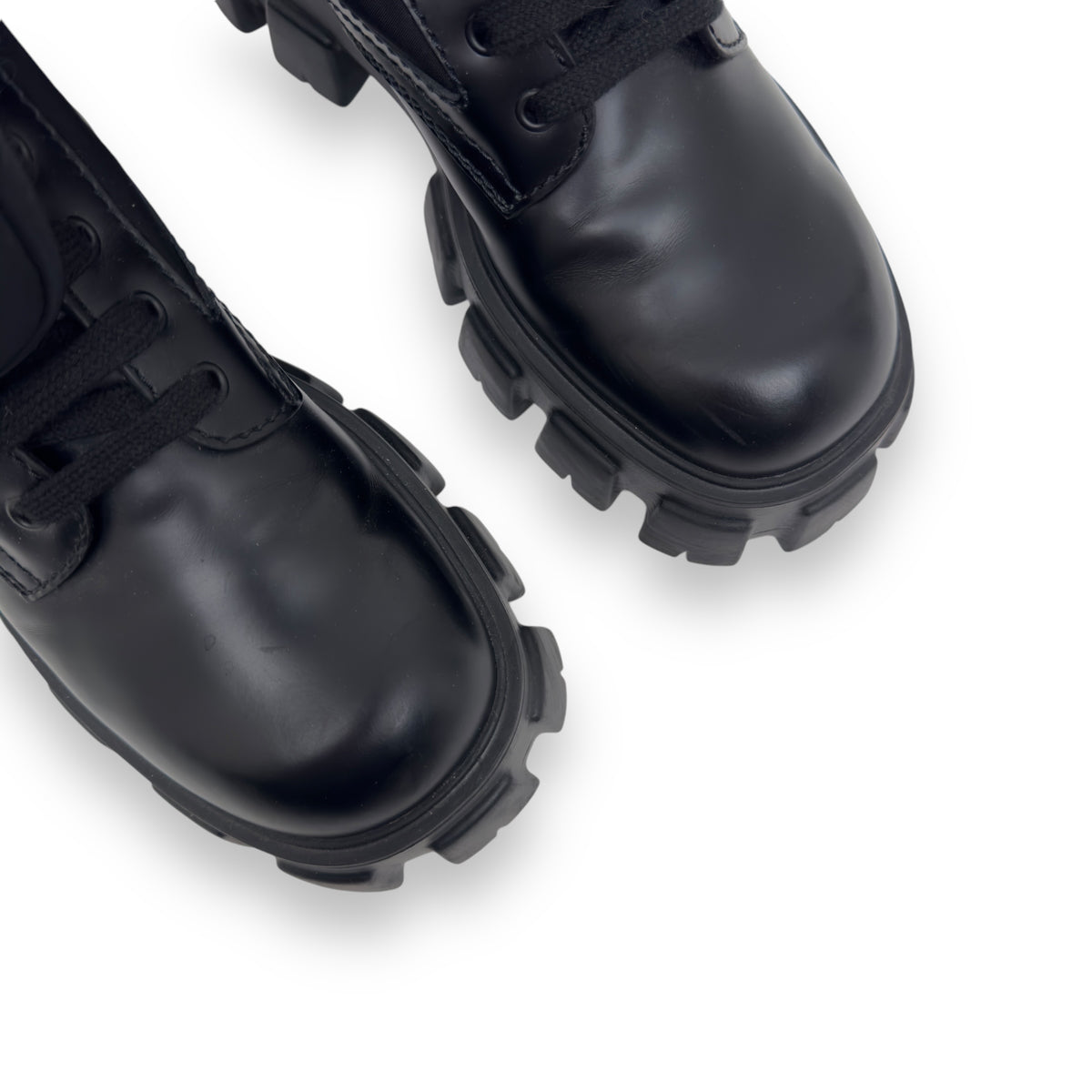PRADA MONOLITH BRUSHED LEATHER AND RE-NYLON LACE-UP BLACK BOOTS UK6