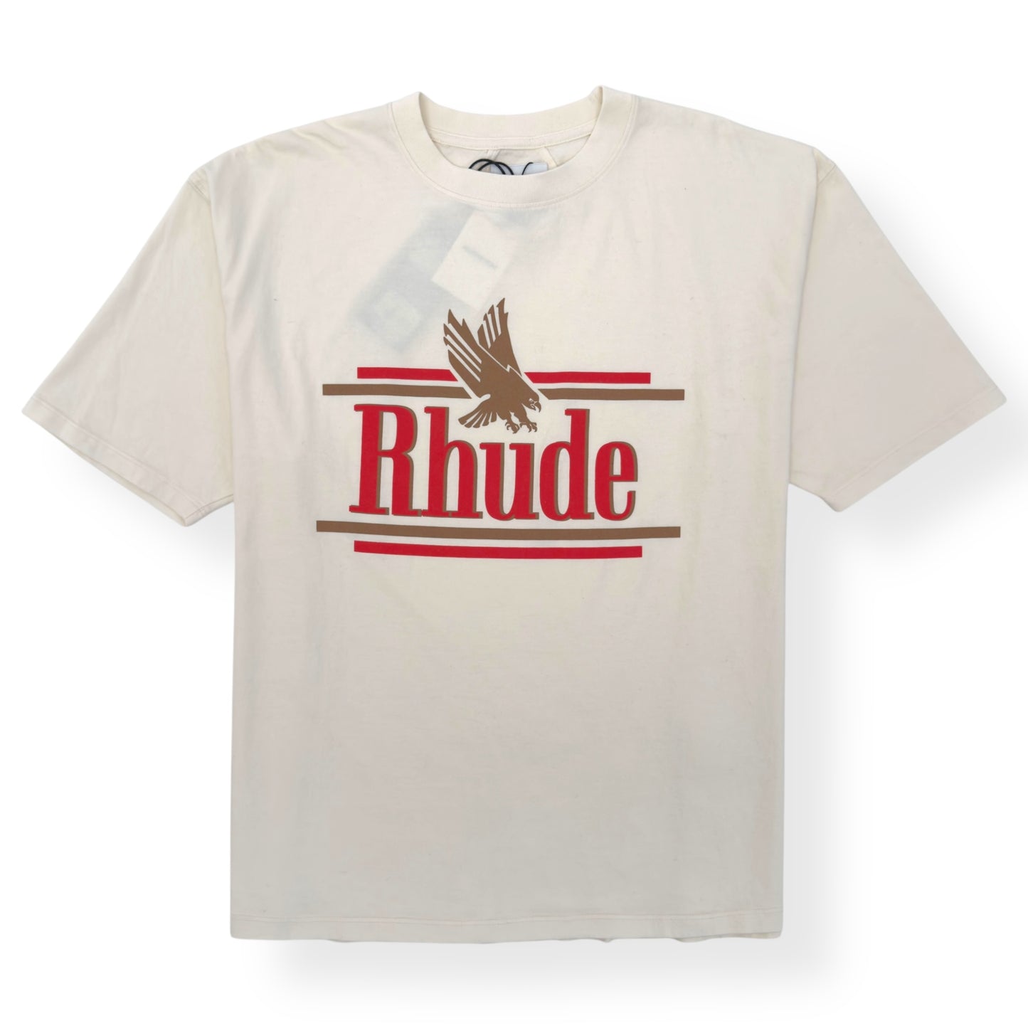 RHUDE ROSSA LOGO PRINT COTTON T-SHIRT BEIGE / RED L