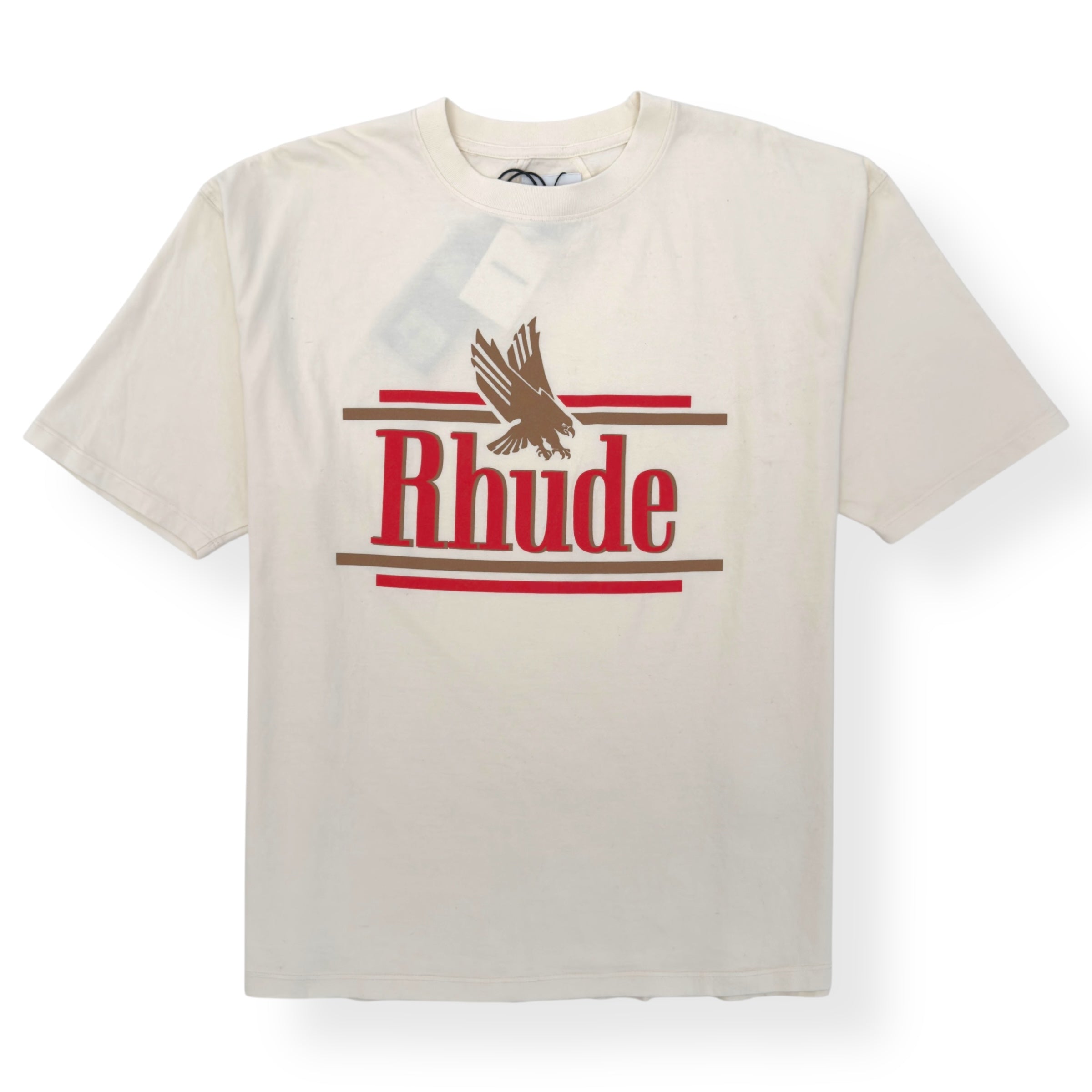 RHUDE ROSSA LOGO PRINT COTTON T-SHIRT BEIGE / RED L