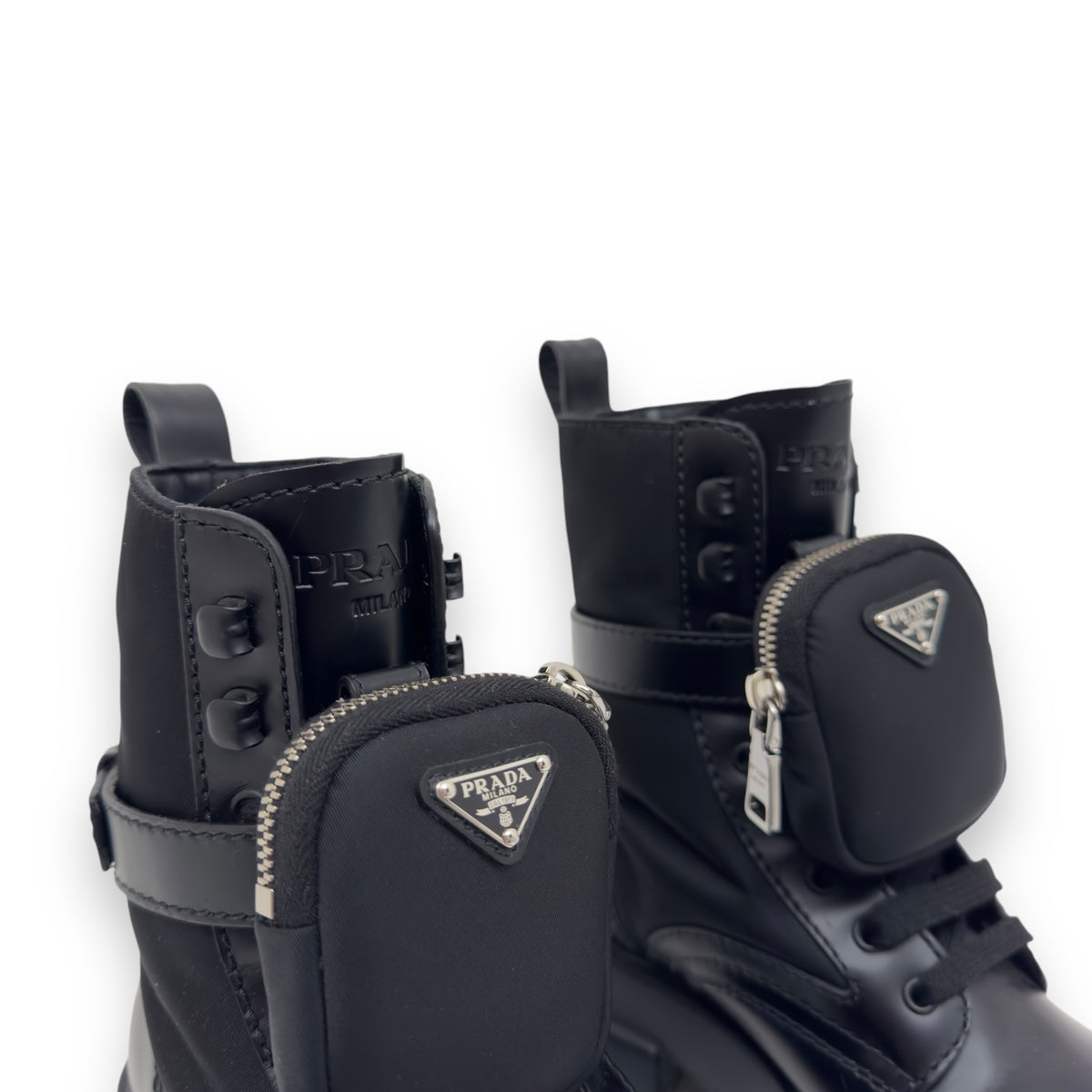 PRADA MONOLITH BRUSHED LEATHER AND RE-NYLON LACE-UP BLACK BOOTS UK6