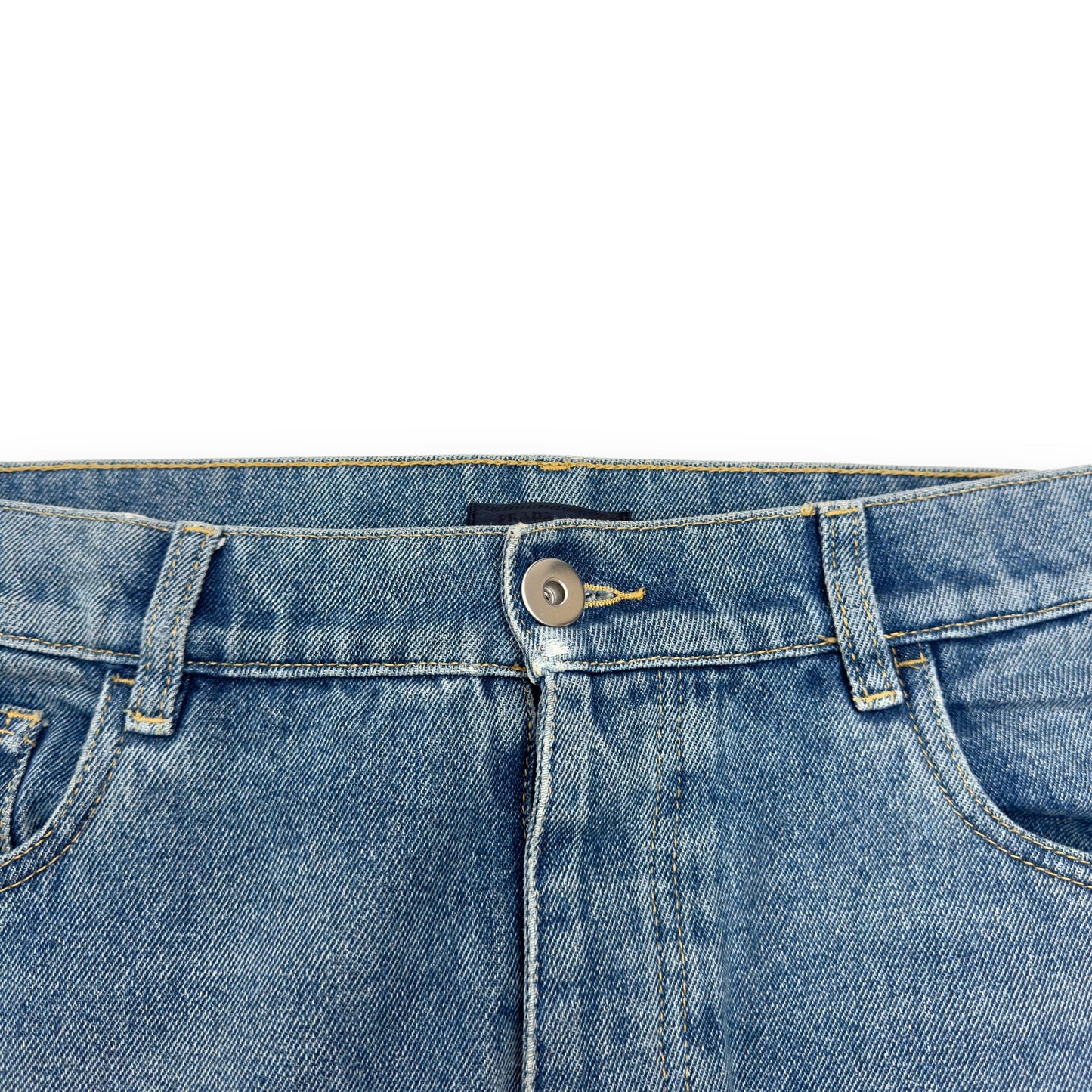 PRADA TRAINGLE-LOGO PLAQUE DISTRESSED DENIM JEANS BLUE W32”