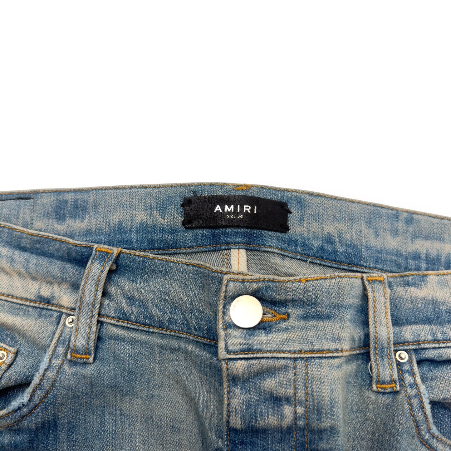 AMIRI SERIF LOGO EMBROIDERED BANDANA SKINNY DENIM JEANS BLUE W34”