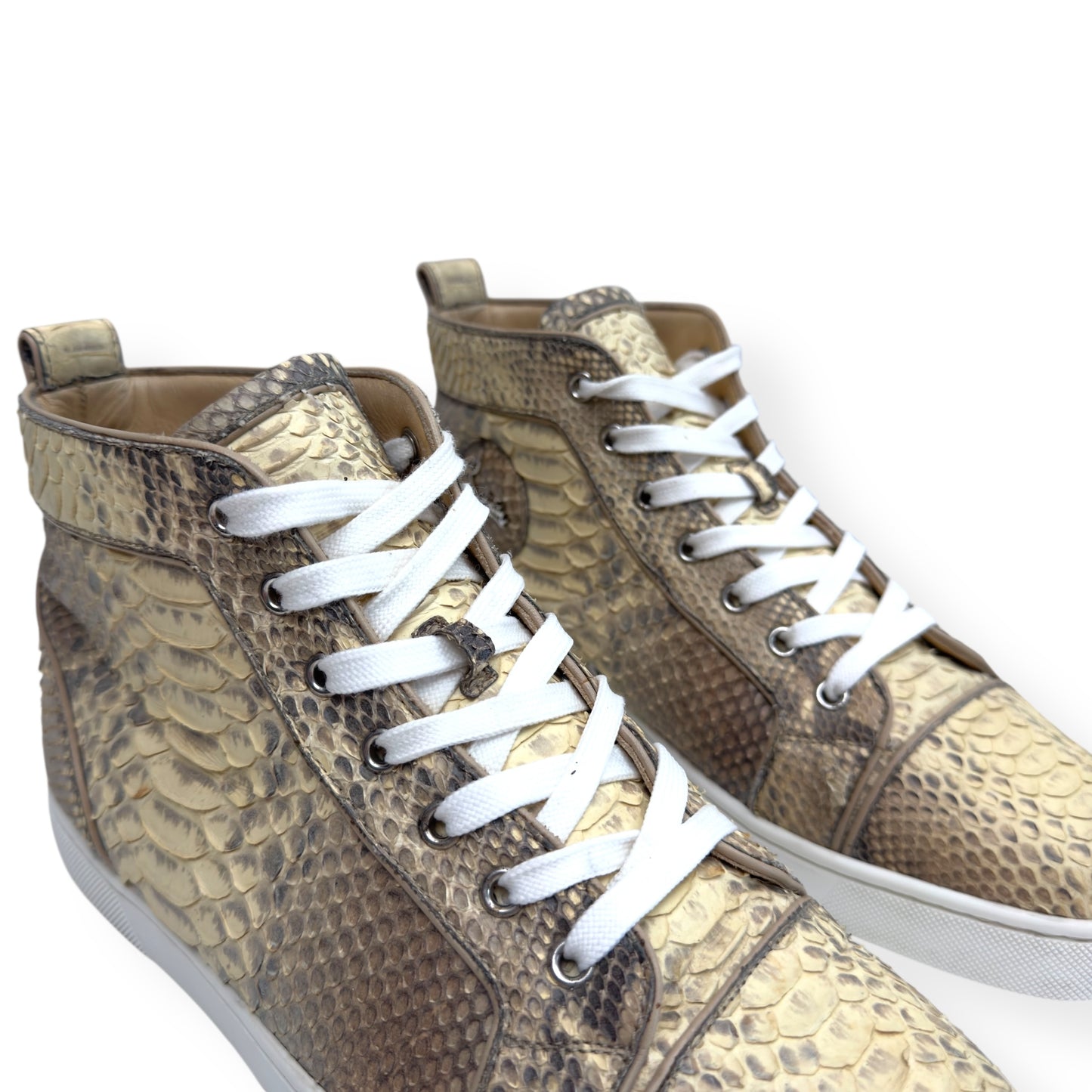 CHRISTIAN LOUBOUTIN LOUIS FLAT PYTHON ROCCIA HIGH TOP SNEAKER BEIGE 42 / UK8
