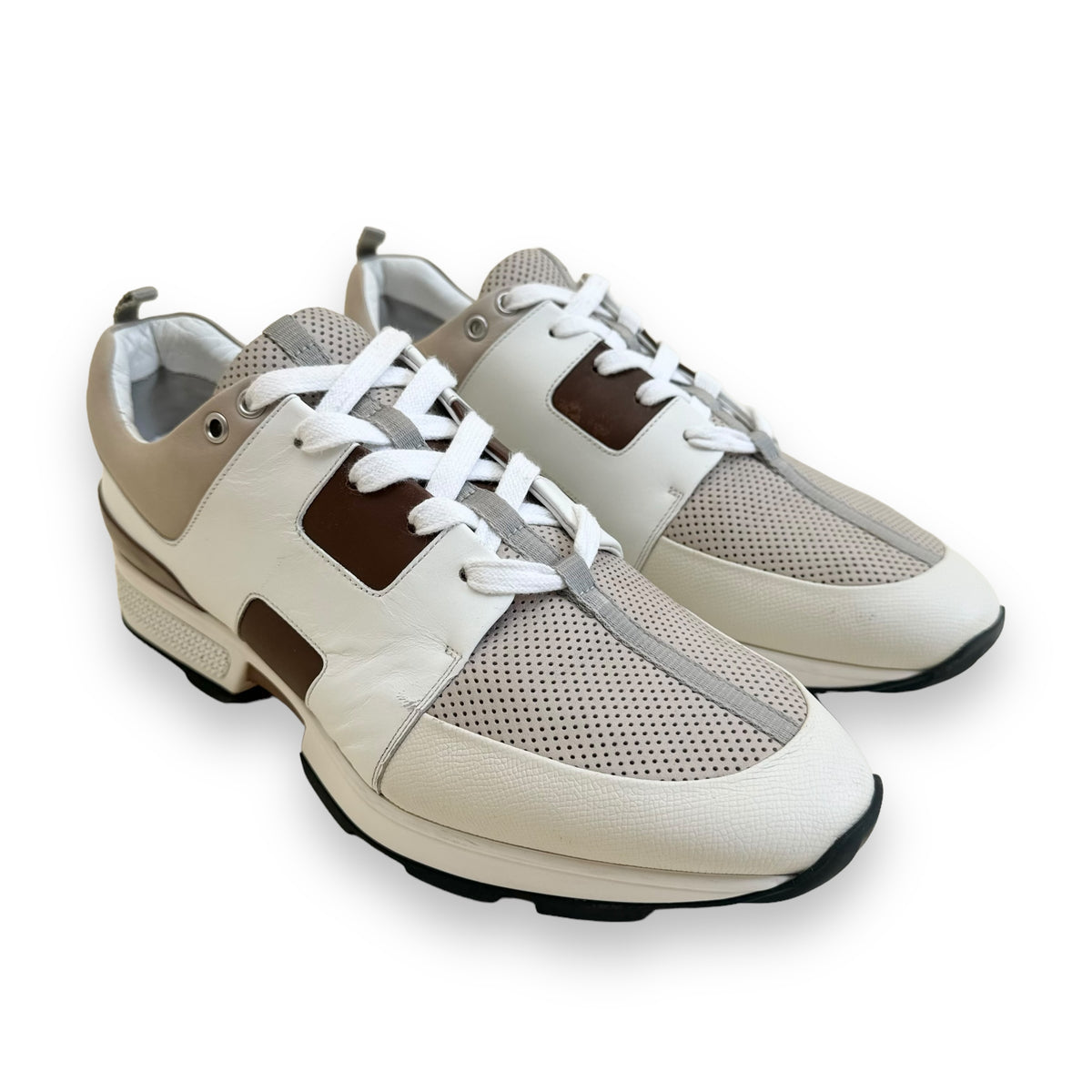 HERMES LEATHER MATCH RUNNER SNEAKER WHITE / TAN UK9.5