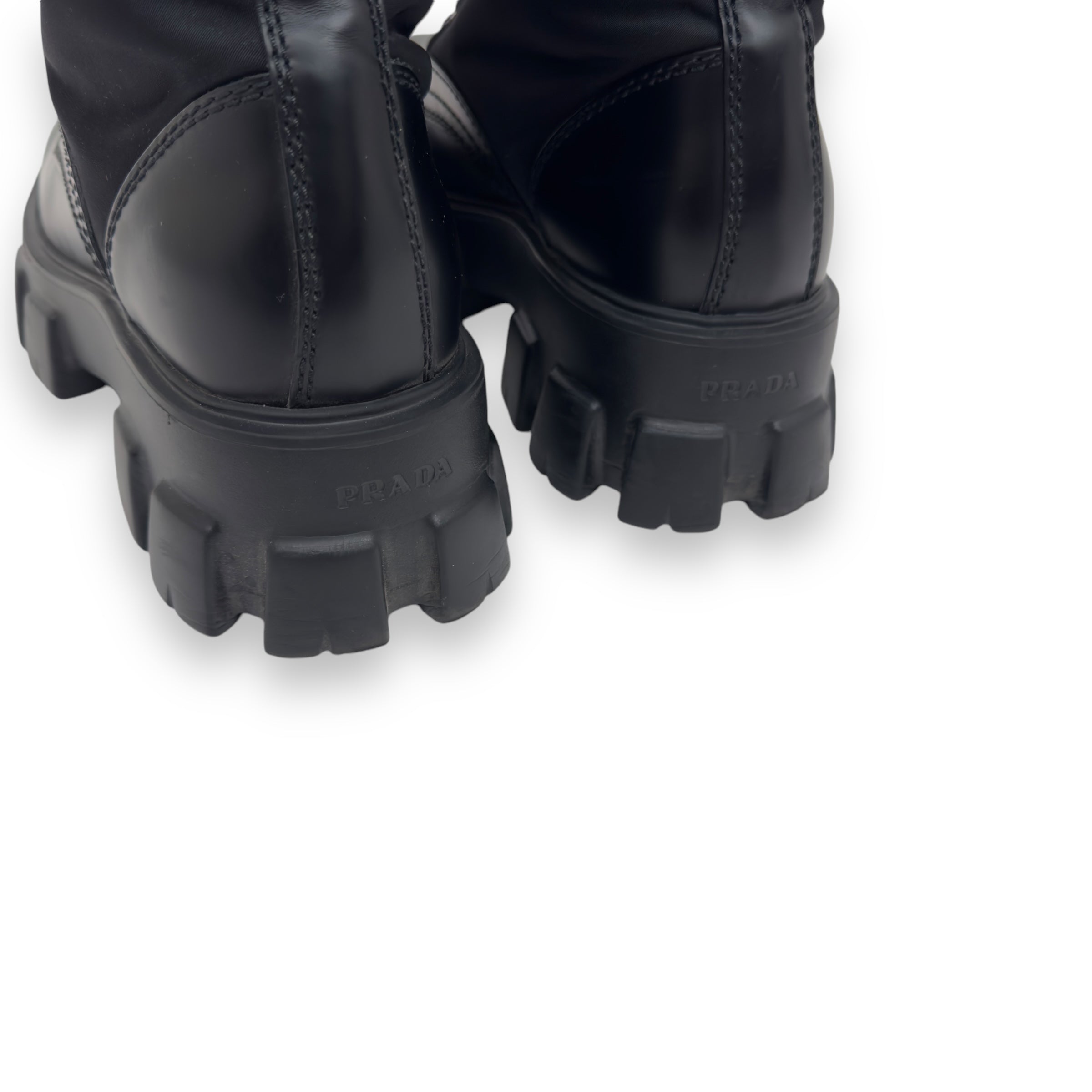 PRADA MONOLITH BRUSHED LEATHER AND RE-NYLON LACE-UP BLACK BOOTS UK6