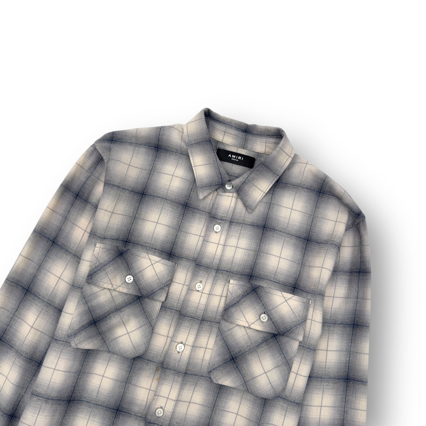 AMIRI FLANNEL LOGO APPLIQUÉ BRUSHED COTTON SHIRT BLUE / BLACK M