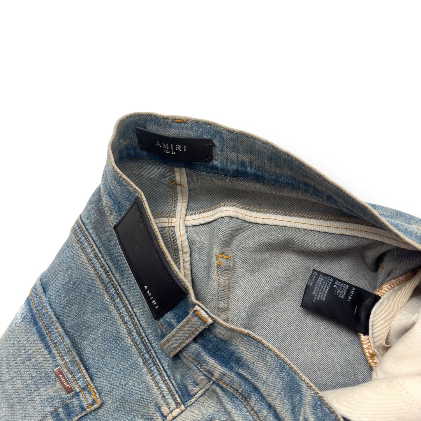 AMIRI SERIF LOGO EMBROIDERED BANDANA SKINNY DENIM JEANS BLUE W34”