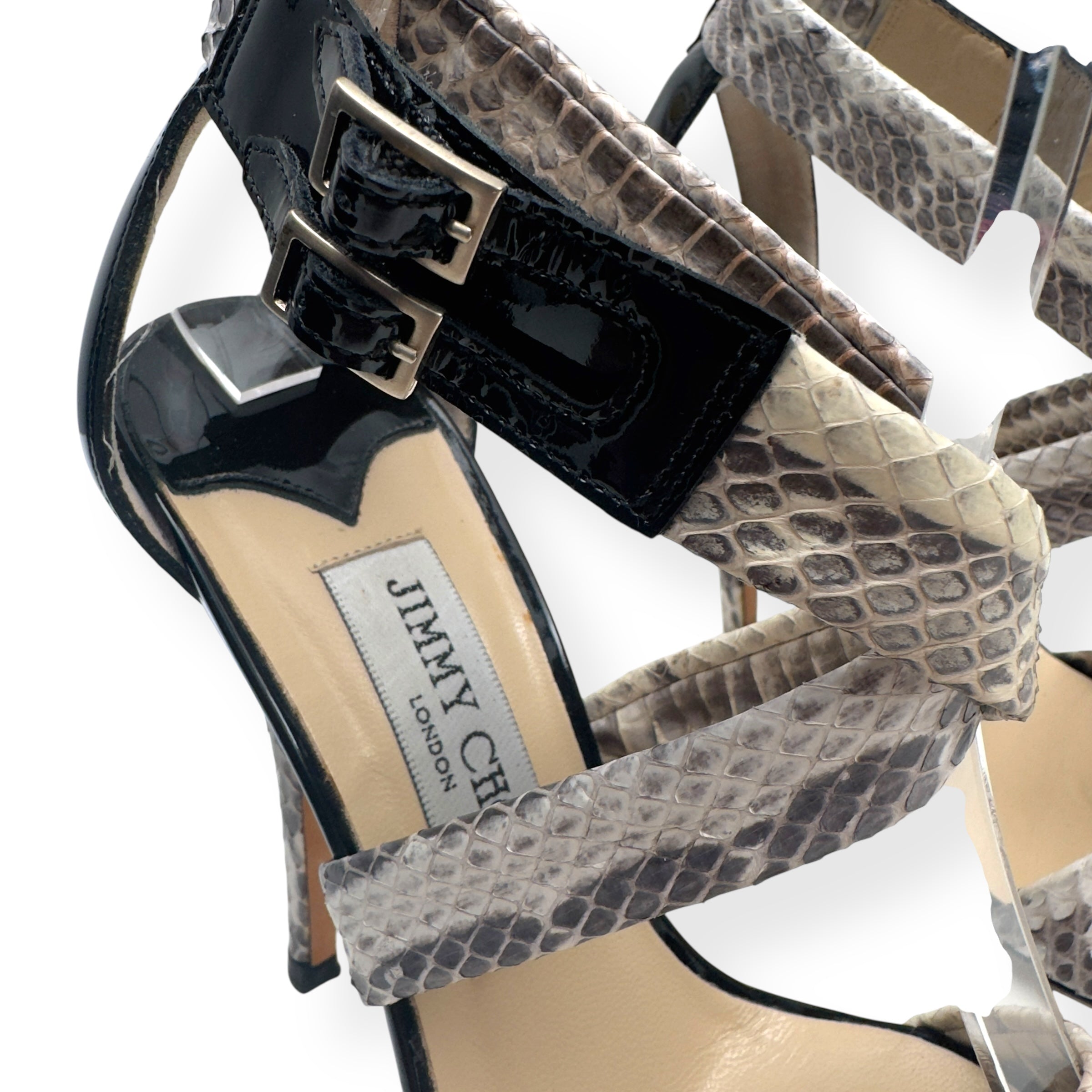 JIMMY CHOO ELAPHE PYTHON / PATENT LEATHER HEELS GREY / BLACK 36 / UK3