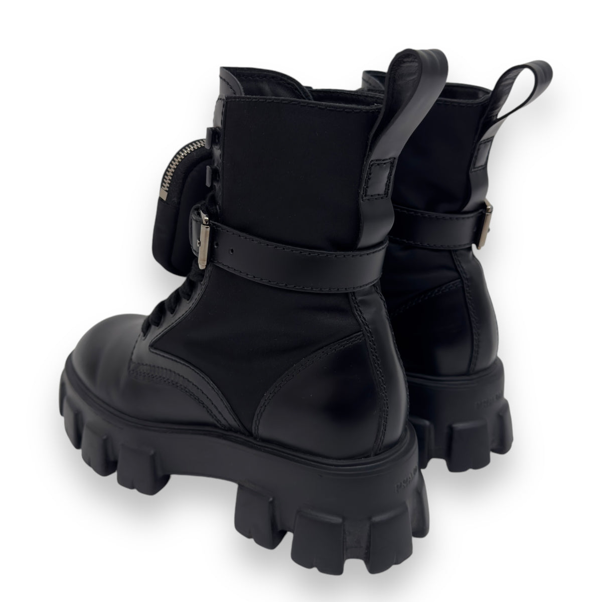 PRADA MONOLITH BRUSHED LEATHER AND RE-NYLON LACE-UP BLACK BOOTS UK6
