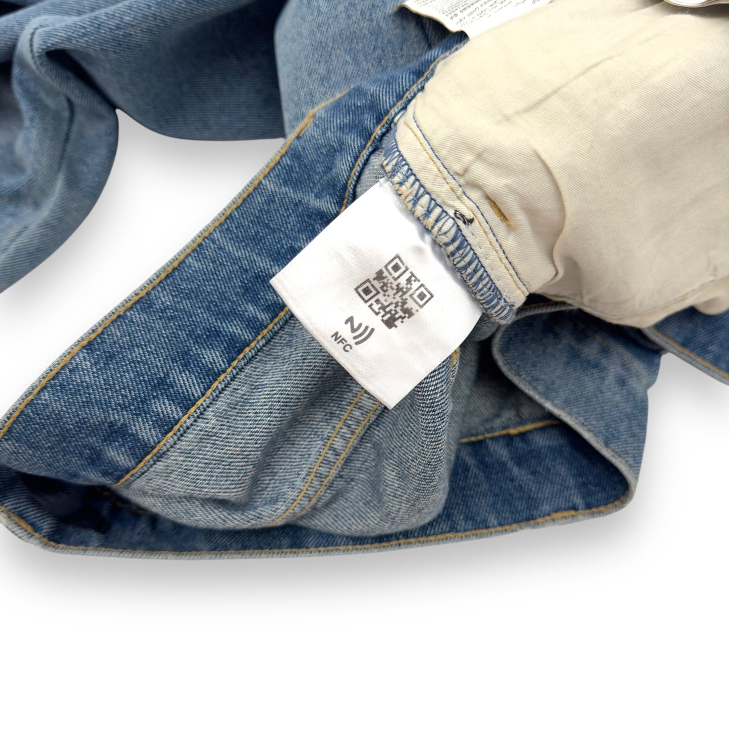 PRADA TRAINGLE-LOGO PLAQUE DISTRESSED DENIM JEANS BLUE W32”