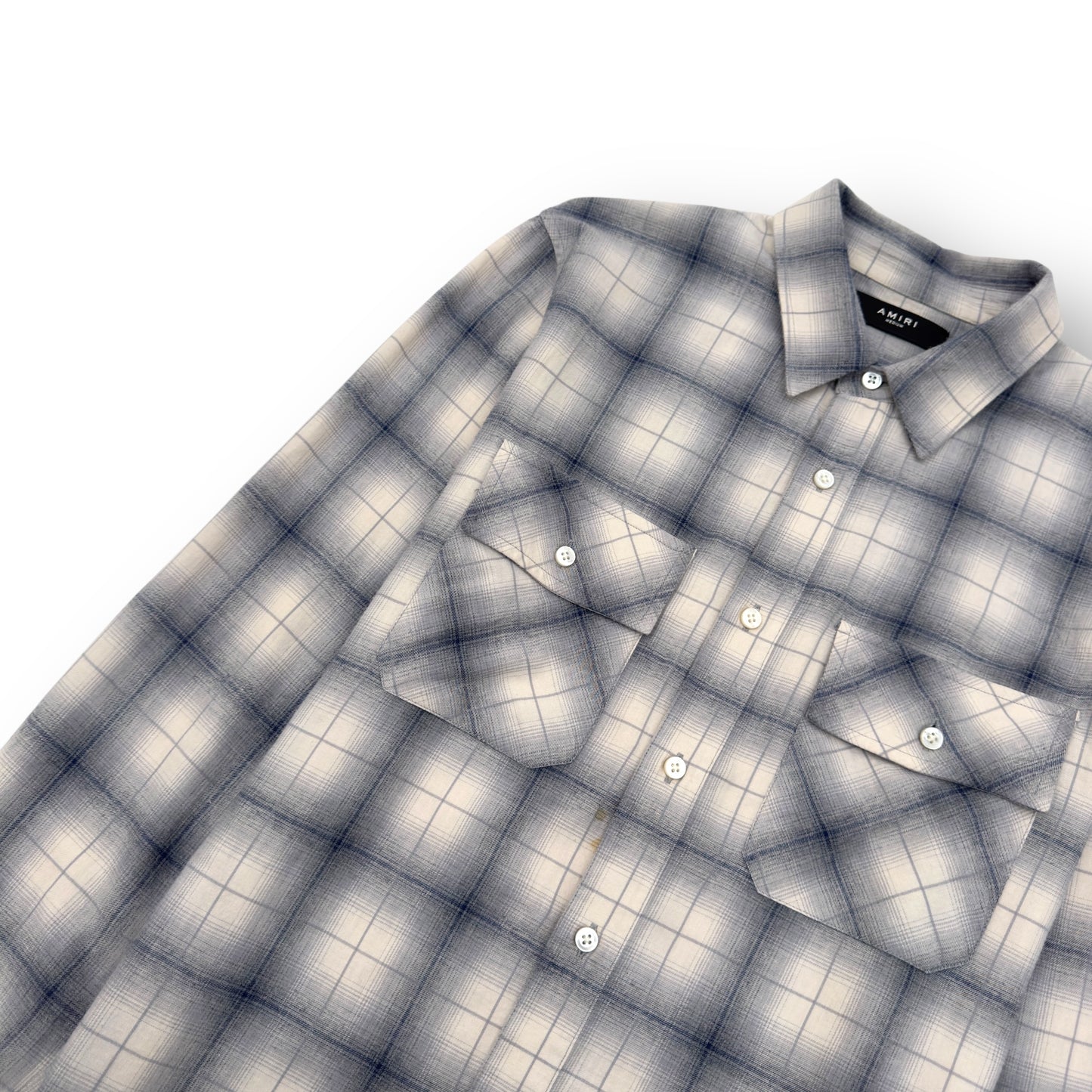 AMIRI FLANNEL LOGO APPLIQUÉ BRUSHED COTTON SHIRT BLUE / BLACK M
