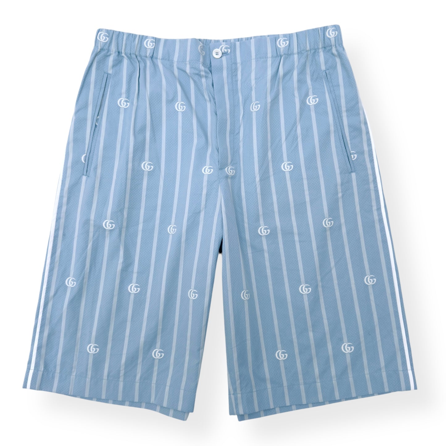 GUCCI LOGO-JACQUARD STRIPED COTTON-POPLIN SHORTS BLUE M