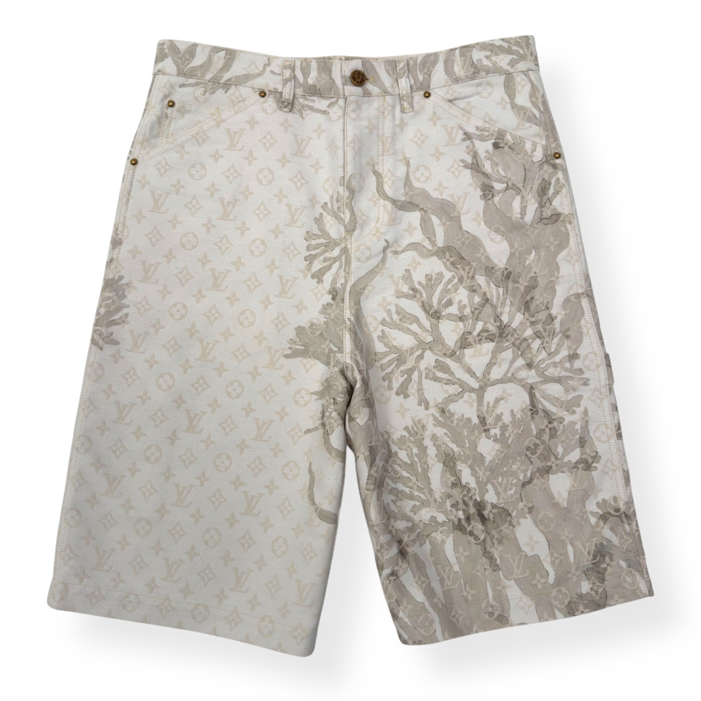 LOUIS VUITTON BERMUDA MONOGRAM CARPENTER DENIM SHORTS BEIGE W33”