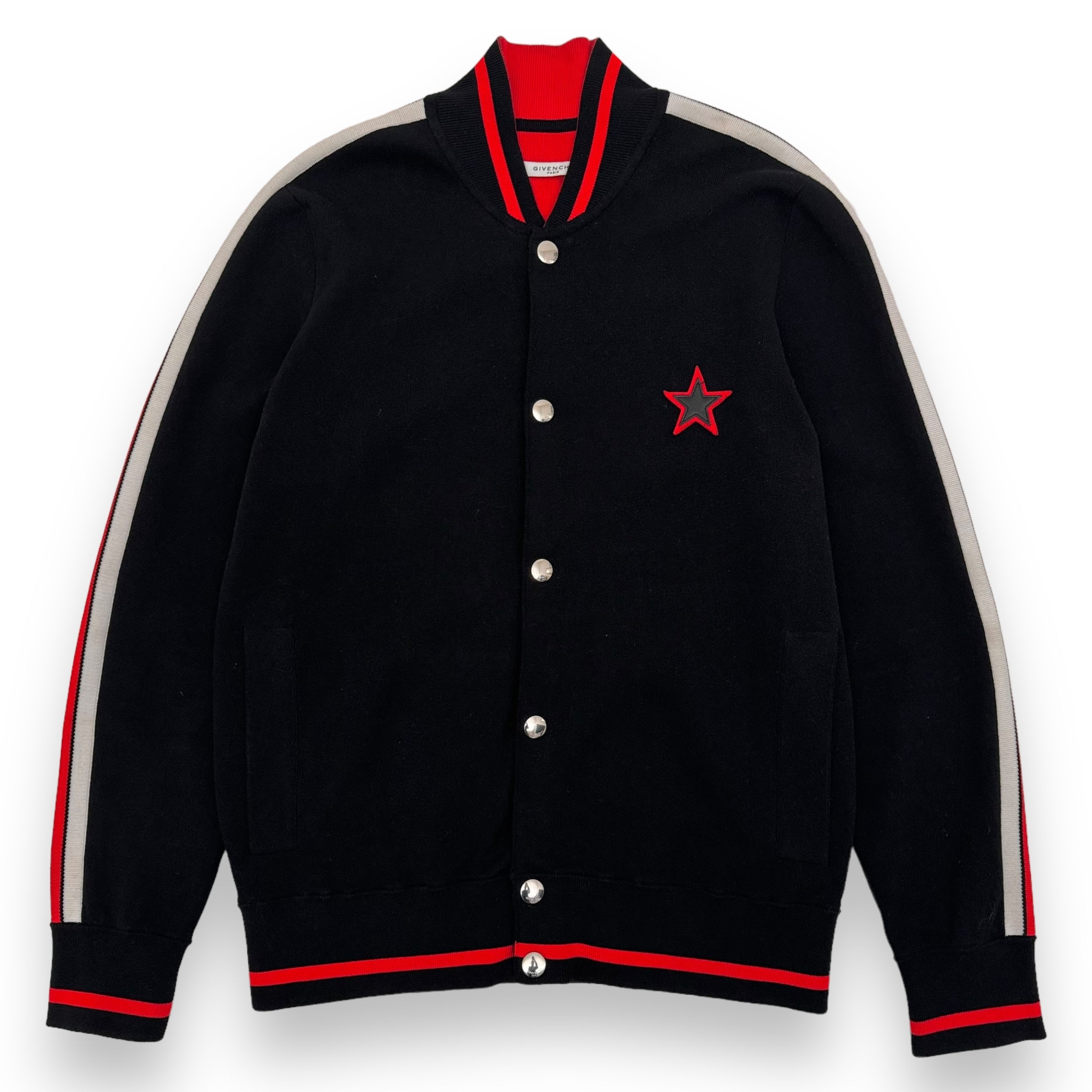GIVENCHY KNITTED WOOL LOGO EMBROIDERED BOMBER JACKET BLACK / RED L