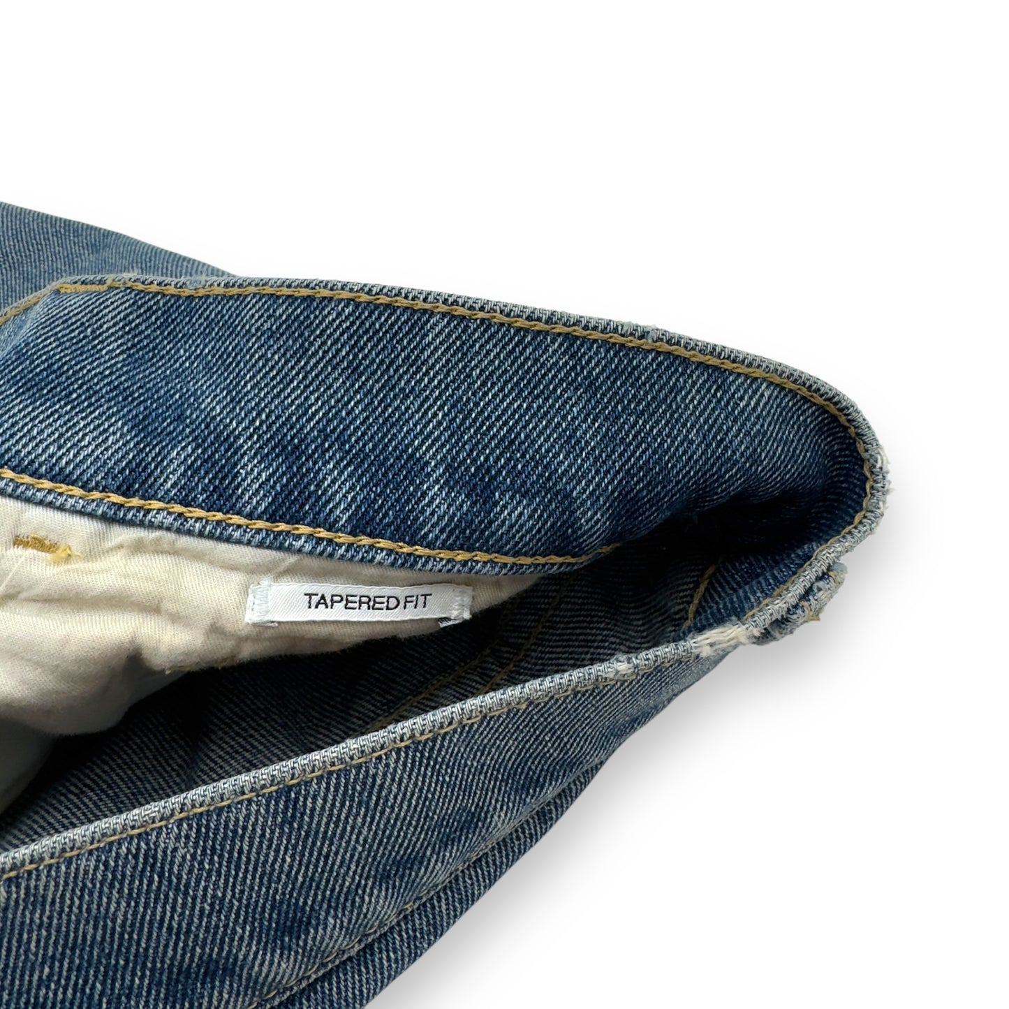 PRADA TRAINGLE-LOGO PLAQUE DISTRESSED DENIM JEANS BLUE W32”
