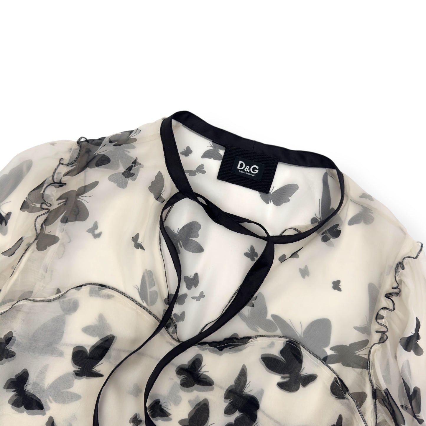 DOLCE & GABBANA BICOLOUR BUTTERFLY PRINT SHEER SILK BOW DETIAL BLOUSE BLACK / WHITE 44 / UK12