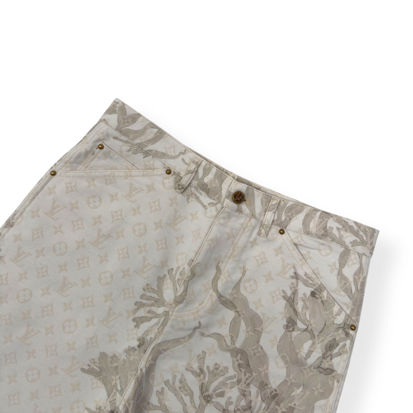 LOUIS VUITTON BERMUDA MONOGRAM CARPENTER DENIM SHORTS BEIGE W33”