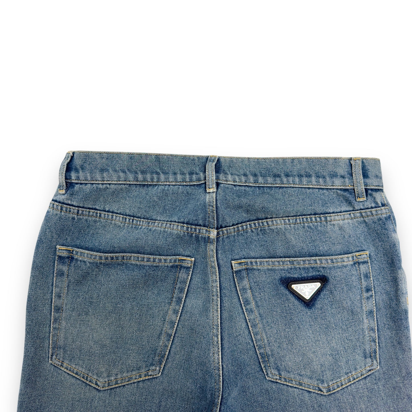 PRADA TRAINGLE-LOGO PLAQUE DISTRESSED DENIM JEANS BLUE W32”