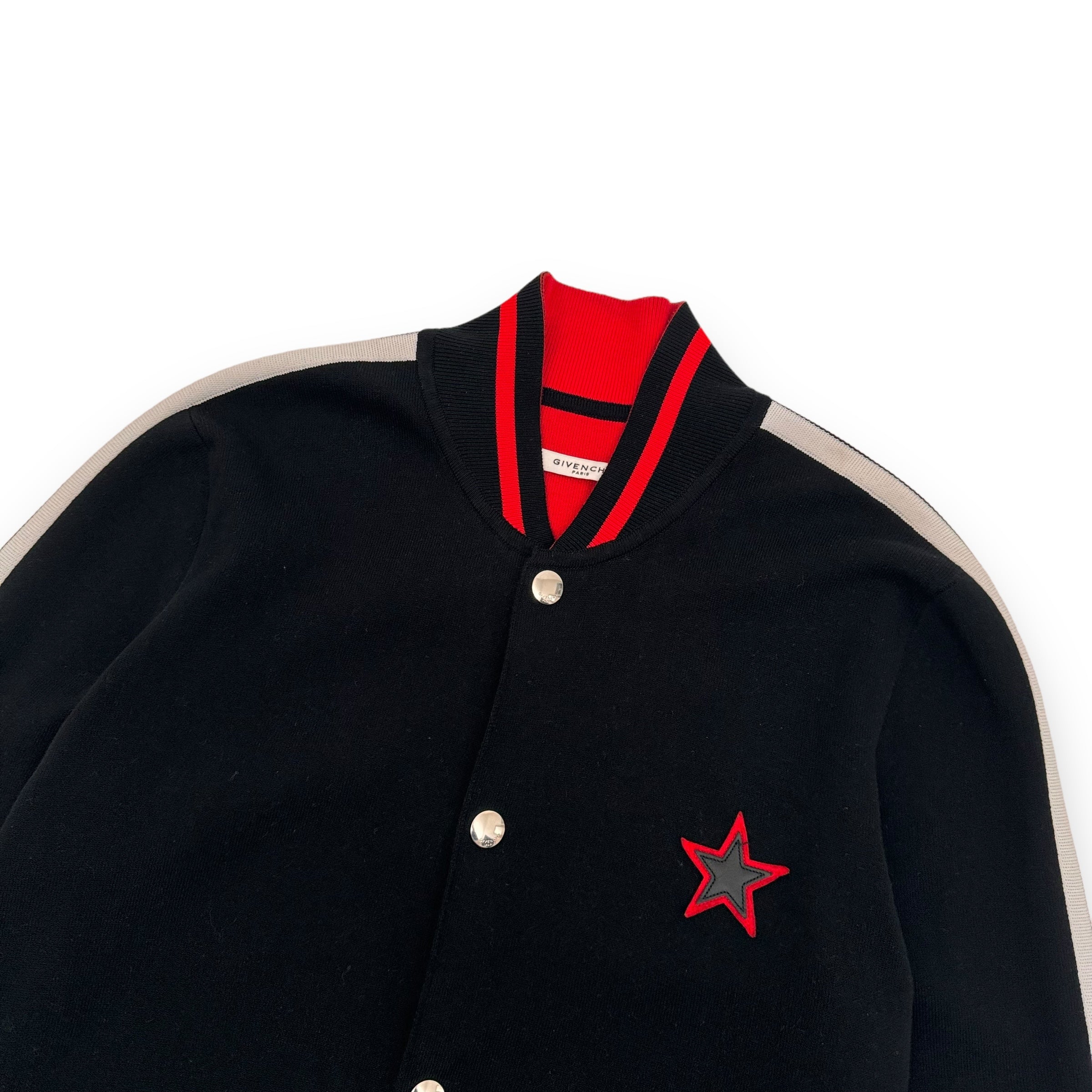 GIVENCHY KNITTED WOOL LOGO EMBROIDERED BOMBER JACKET BLACK / RED L