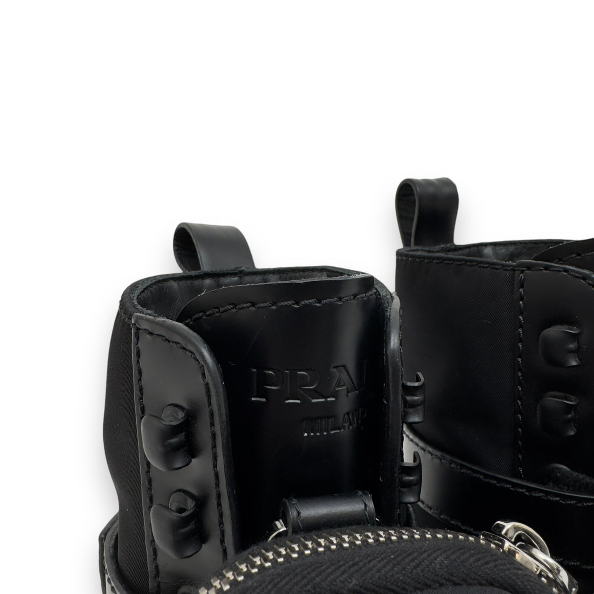 PRADA MONOLITH BRUSHED LEATHER AND RE-NYLON LACE-UP BLACK BOOTS UK6