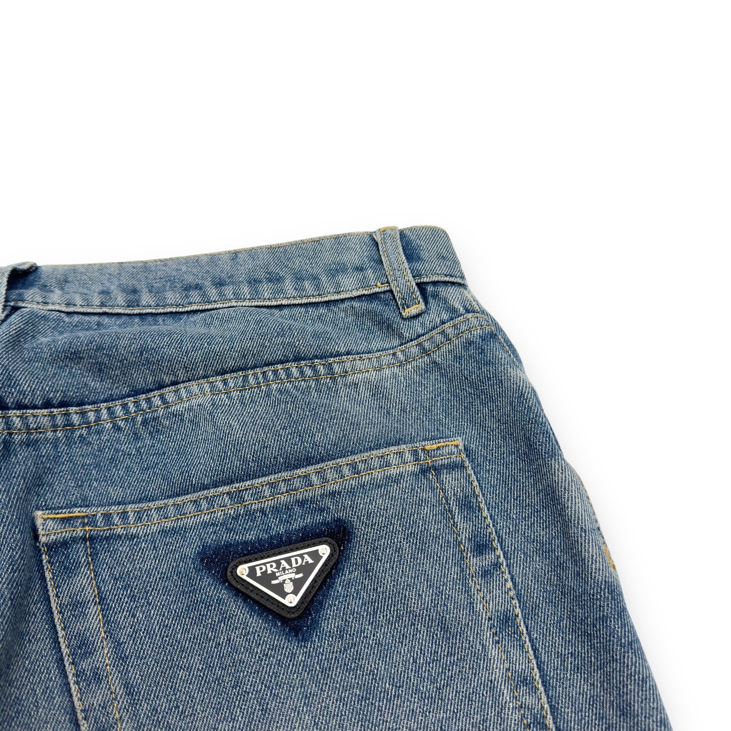 PRADA TRAINGLE-LOGO PLAQUE DISTRESSED DENIM JEANS BLUE W32”
