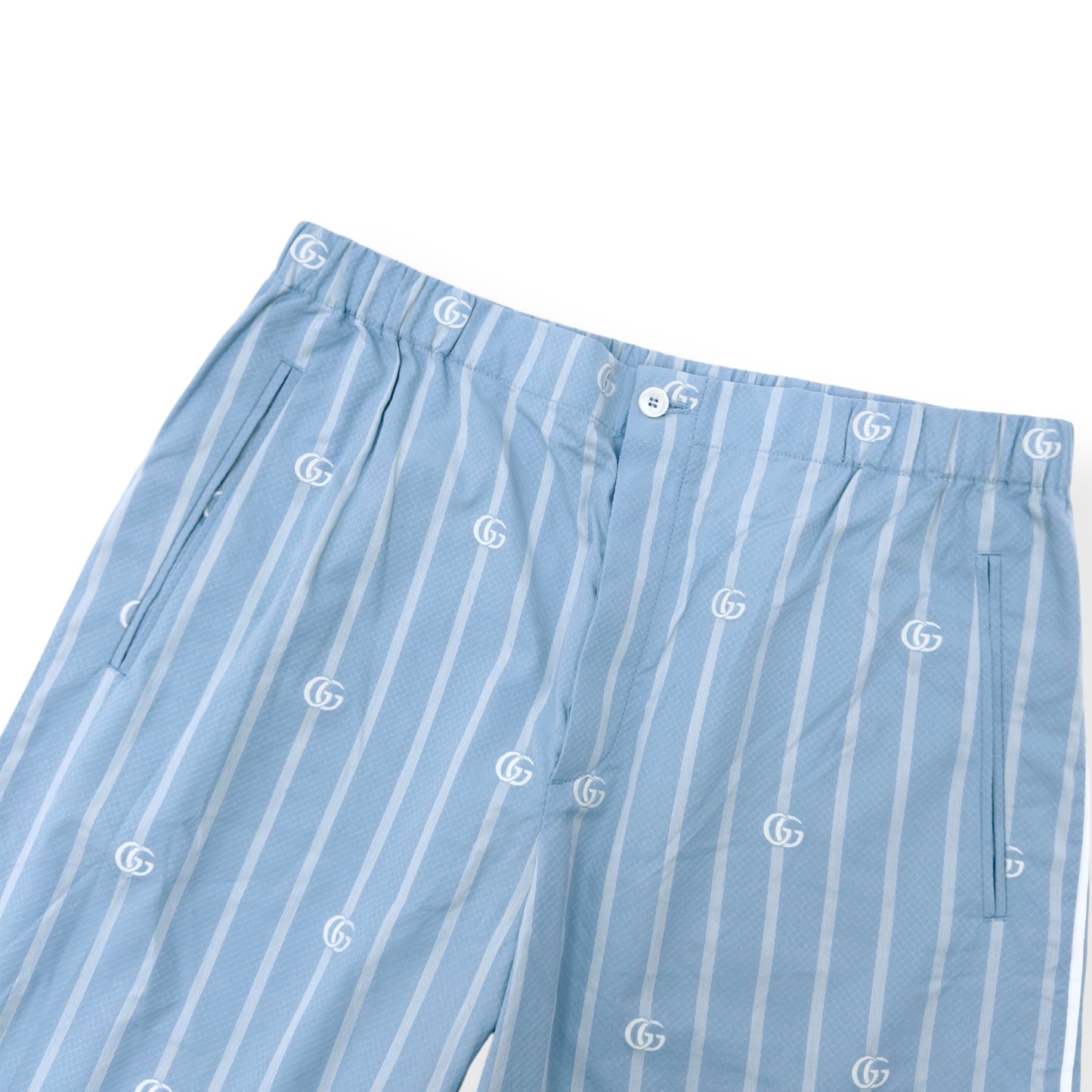 GUCCI LOGO-JACQUARD STRIPED COTTON-POPLIN SHORTS BLUE M