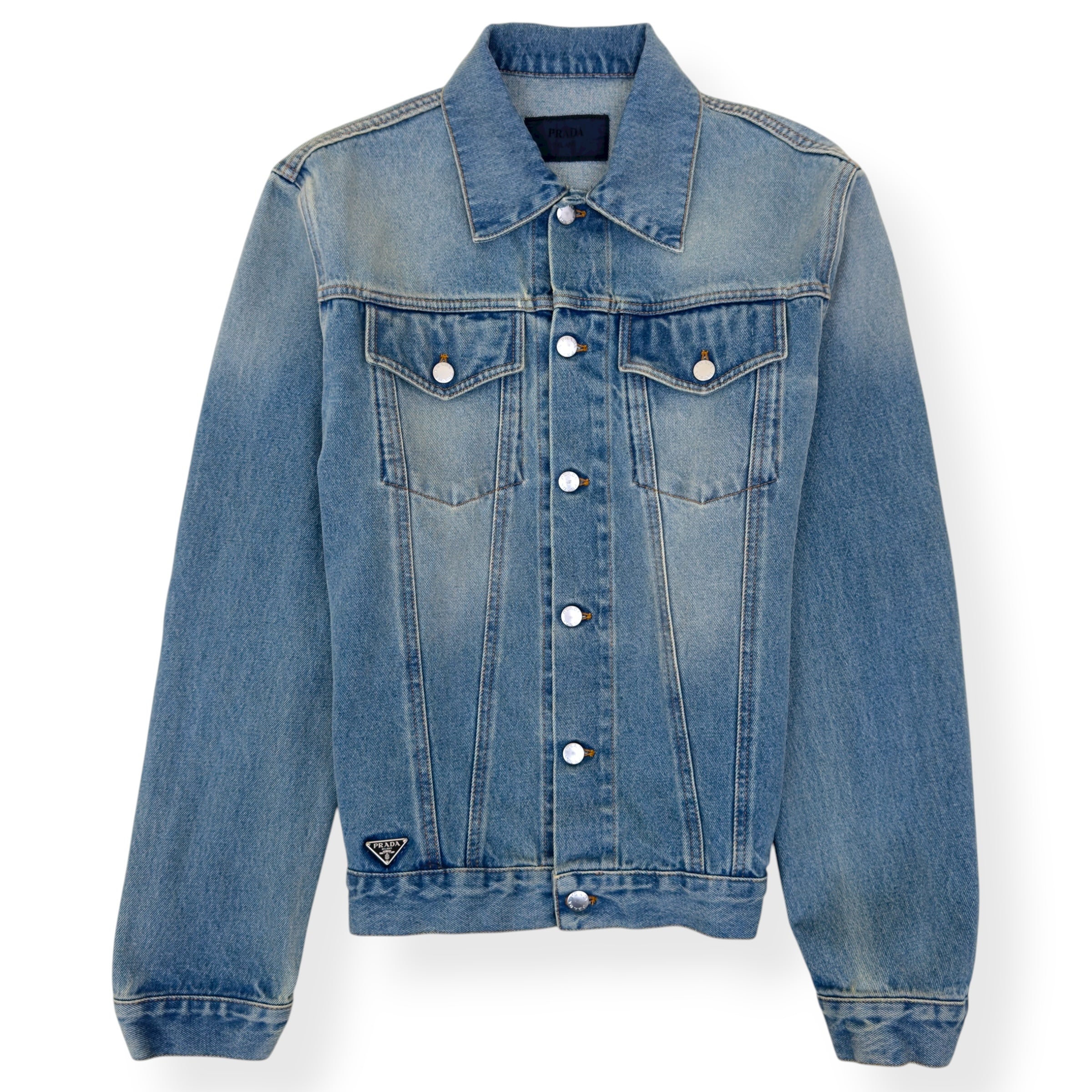 PRADA WASHED DENIM PLAQUE-LOGO DENIM JACKET LIGHT BLUE XL