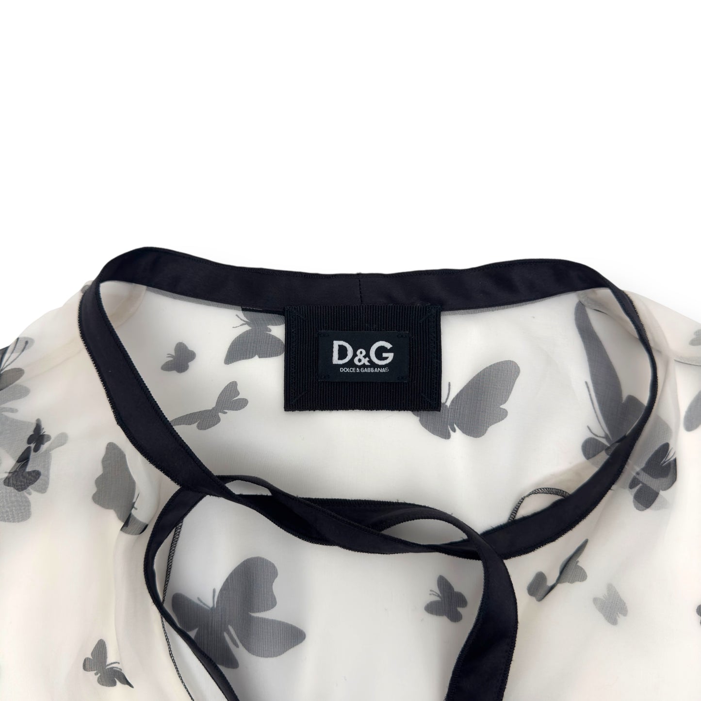 DOLCE & GABBANA BICOLOUR BUTTERFLY PRINT SHEER SILK BOW DETIAL BLOUSE BLACK / WHITE 44 / UK12