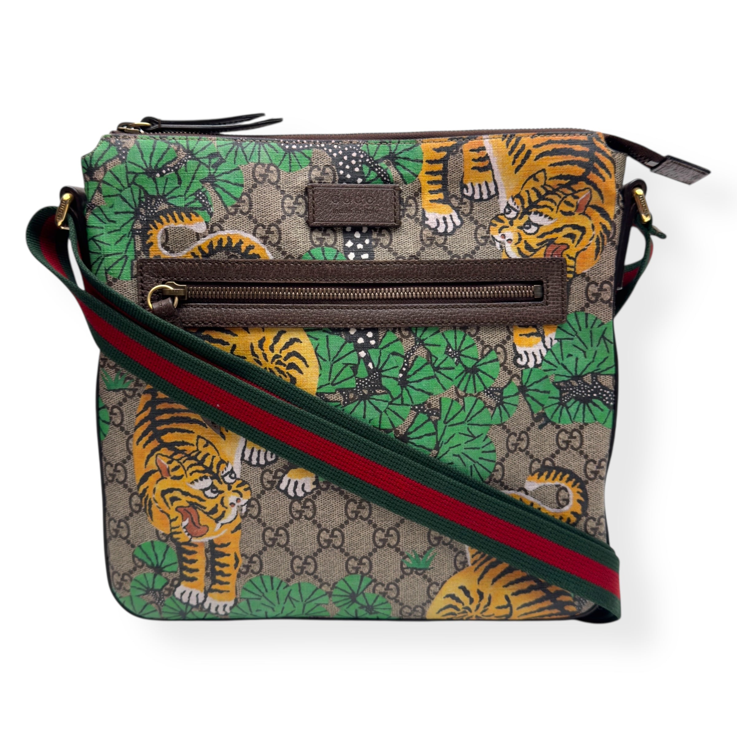 GUCCI BENGAL PRINT FRONT ZIP MESSENGER BAG BEIGE M