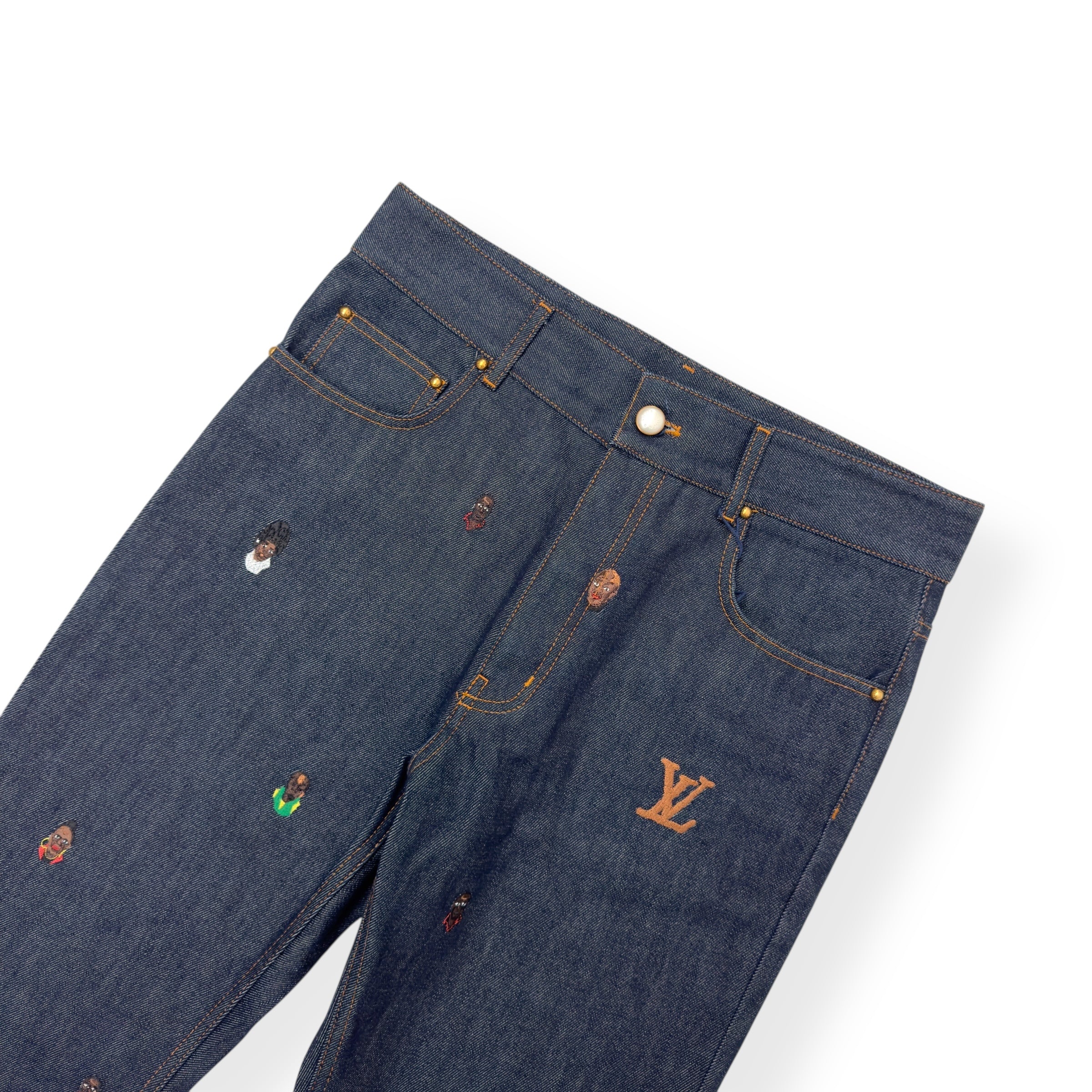 LOUIS VUITTON EMBROIDERED BOOTCUT DENIM TROUSERS INDIGO BLUE W30”