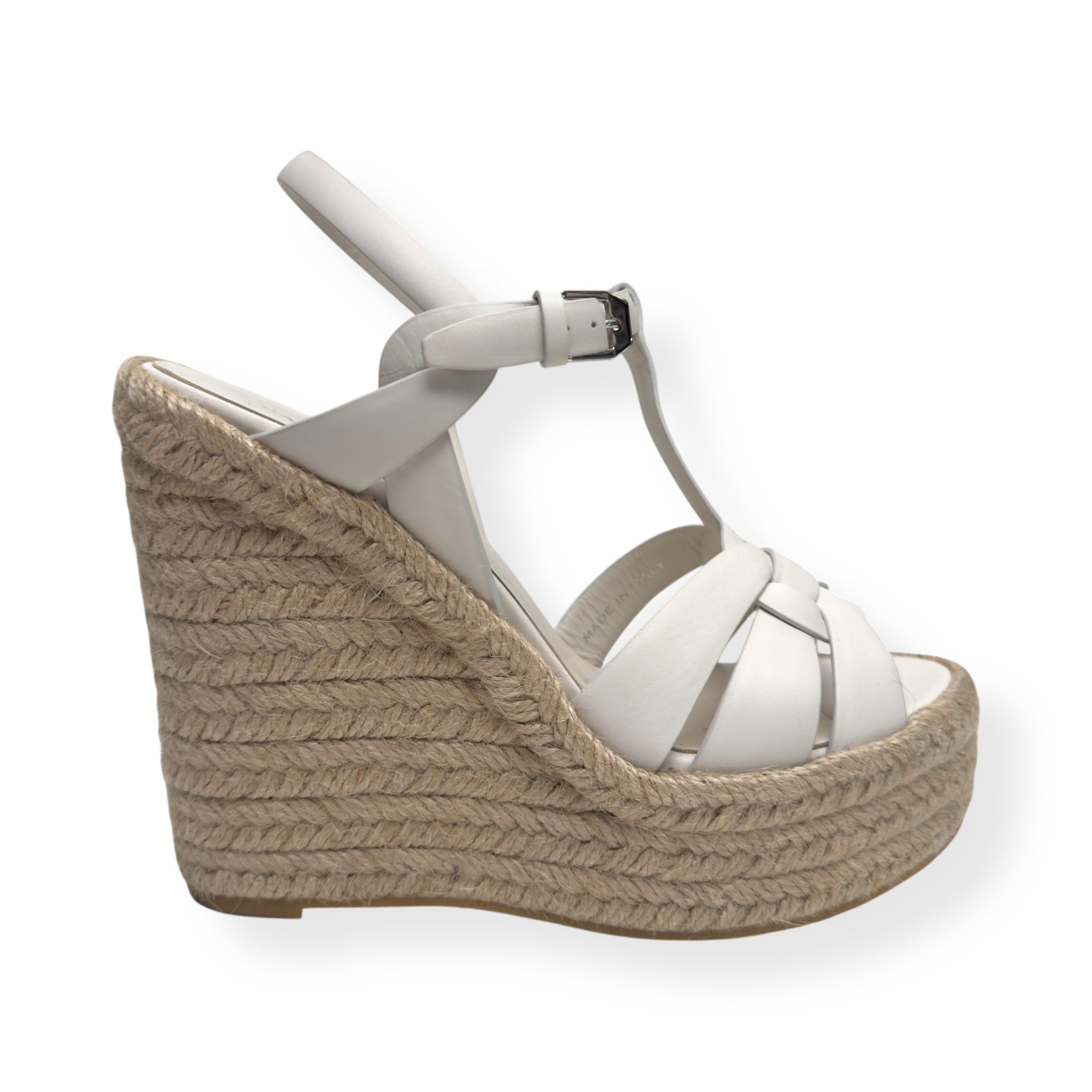SAINT LAURENT TRIBUTE ESPADRILLE SMOOTH LEATHER WEDGE WHITE 38 / UK5