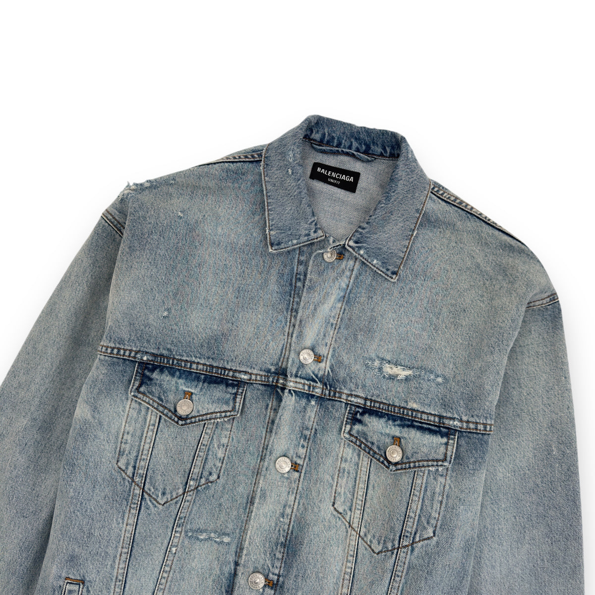 BALENCIAGA OVERSIZED BACODE DISTRESSED DENIM JACKET BLUE S