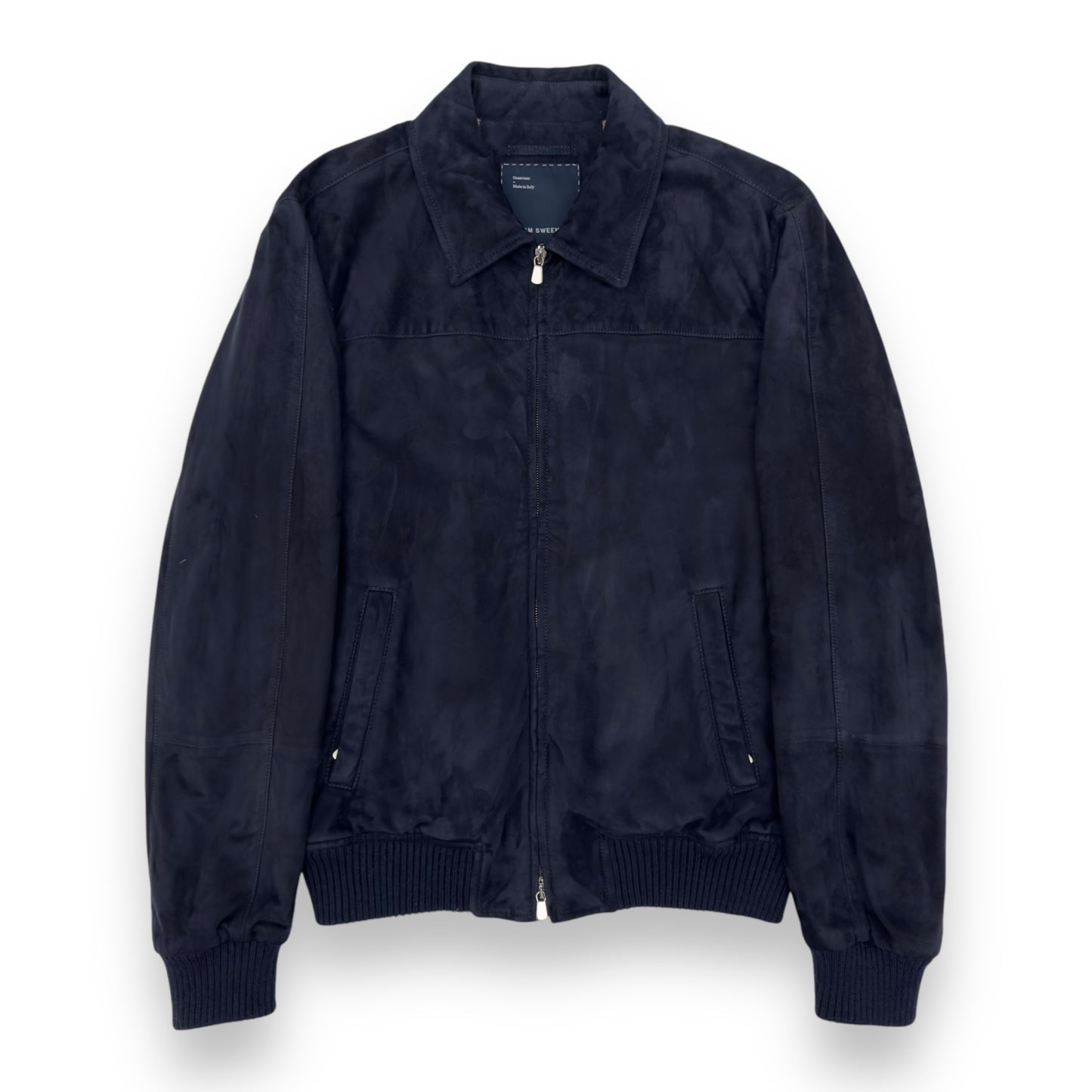 THOM SWEENEY BESPOKE SUEDE COLLARED BOMBER JACKET NAVY M