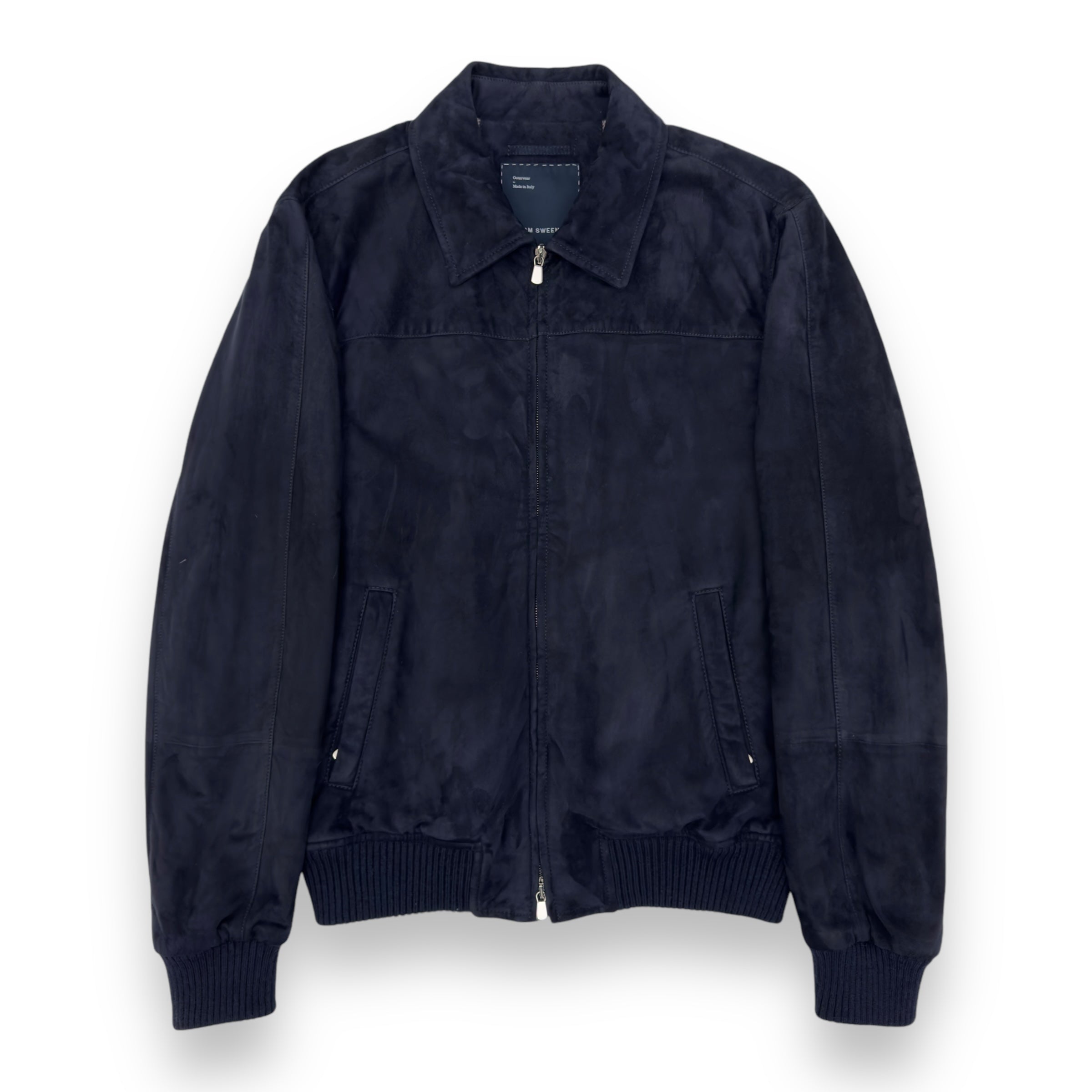 THOM SWEENEY BESPOKE SUEDE COLLARED BOMBER JACKET NAVY M