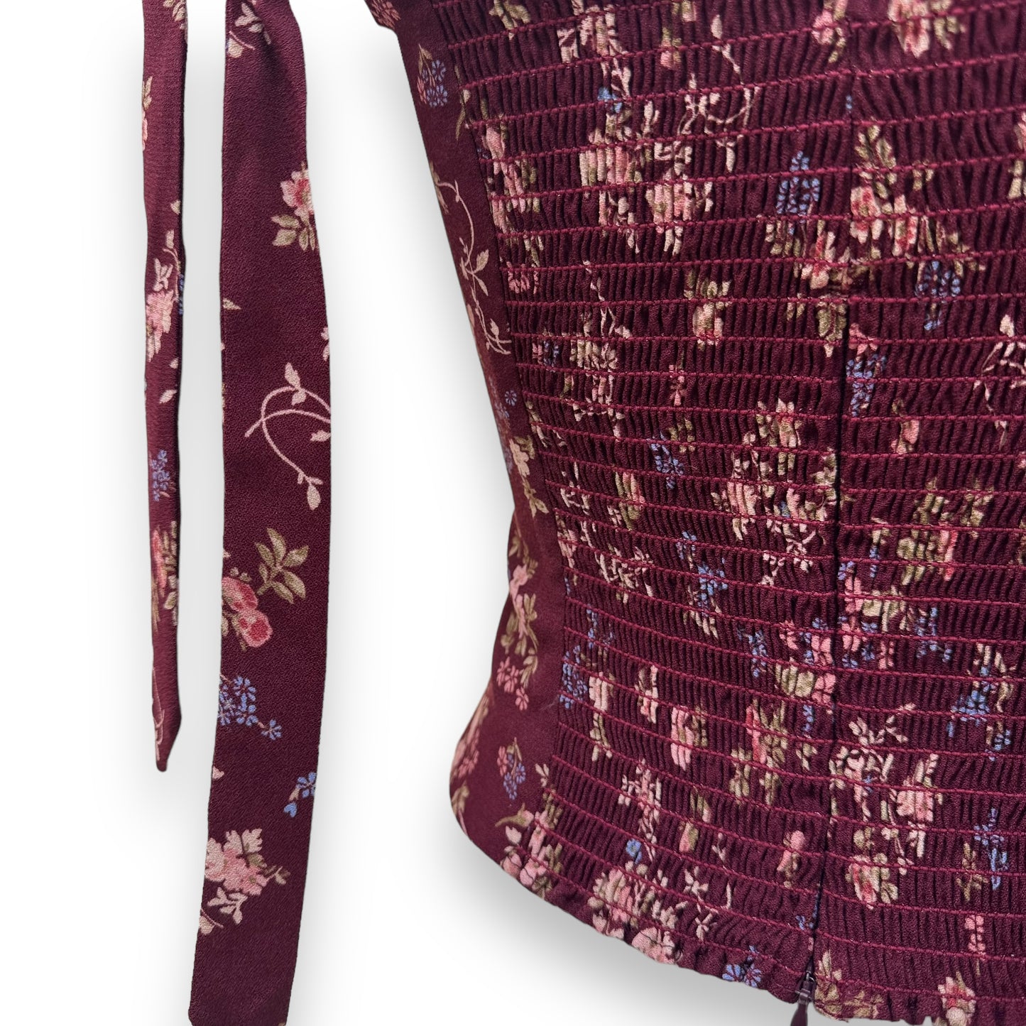 REFORMATION ELLORA FLORAL-PRINT TOP BURGUNDY UK8
