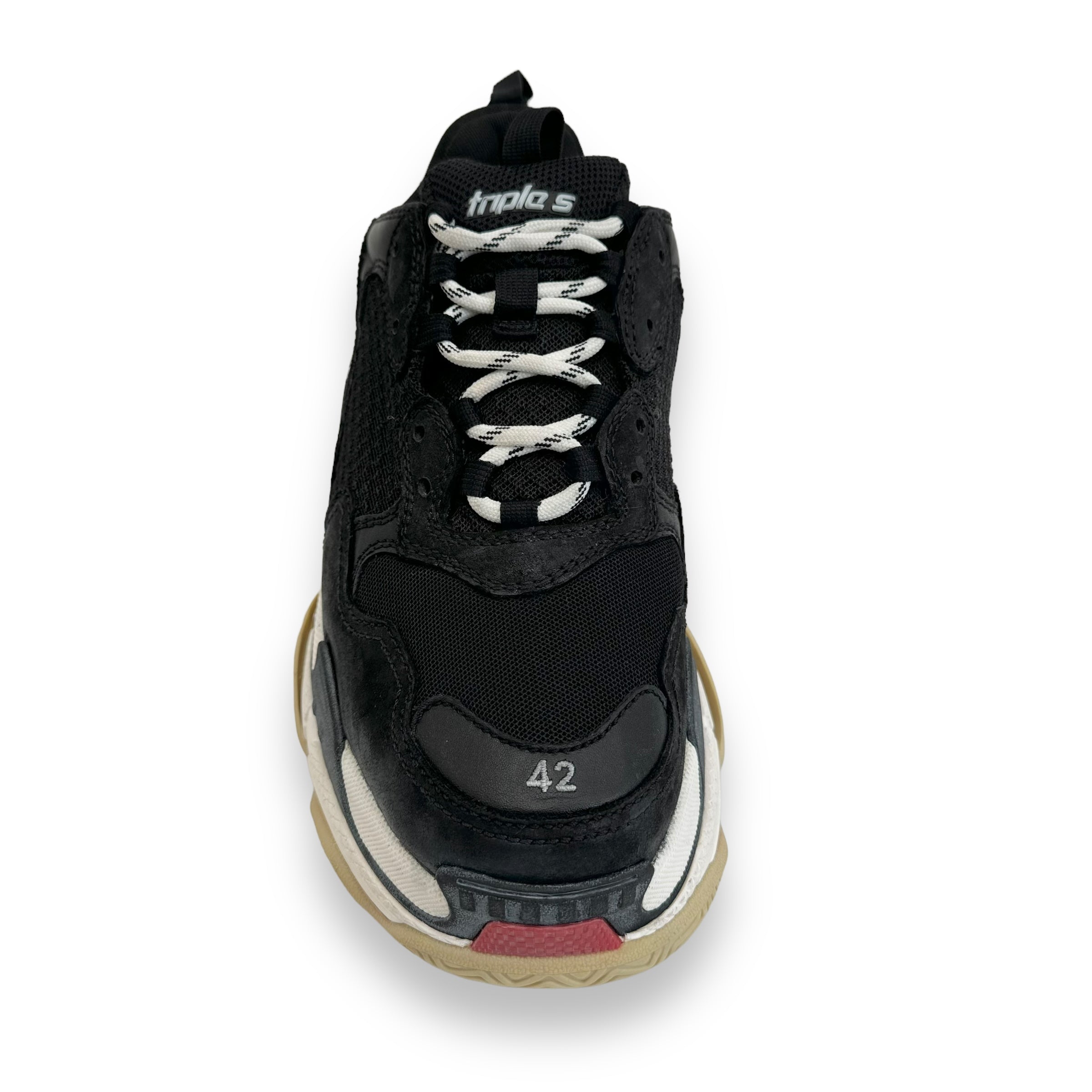 BALENCIAGA TRIPLE S DISTRESSED SNEAKER BLACK / WHITE / RED UK8