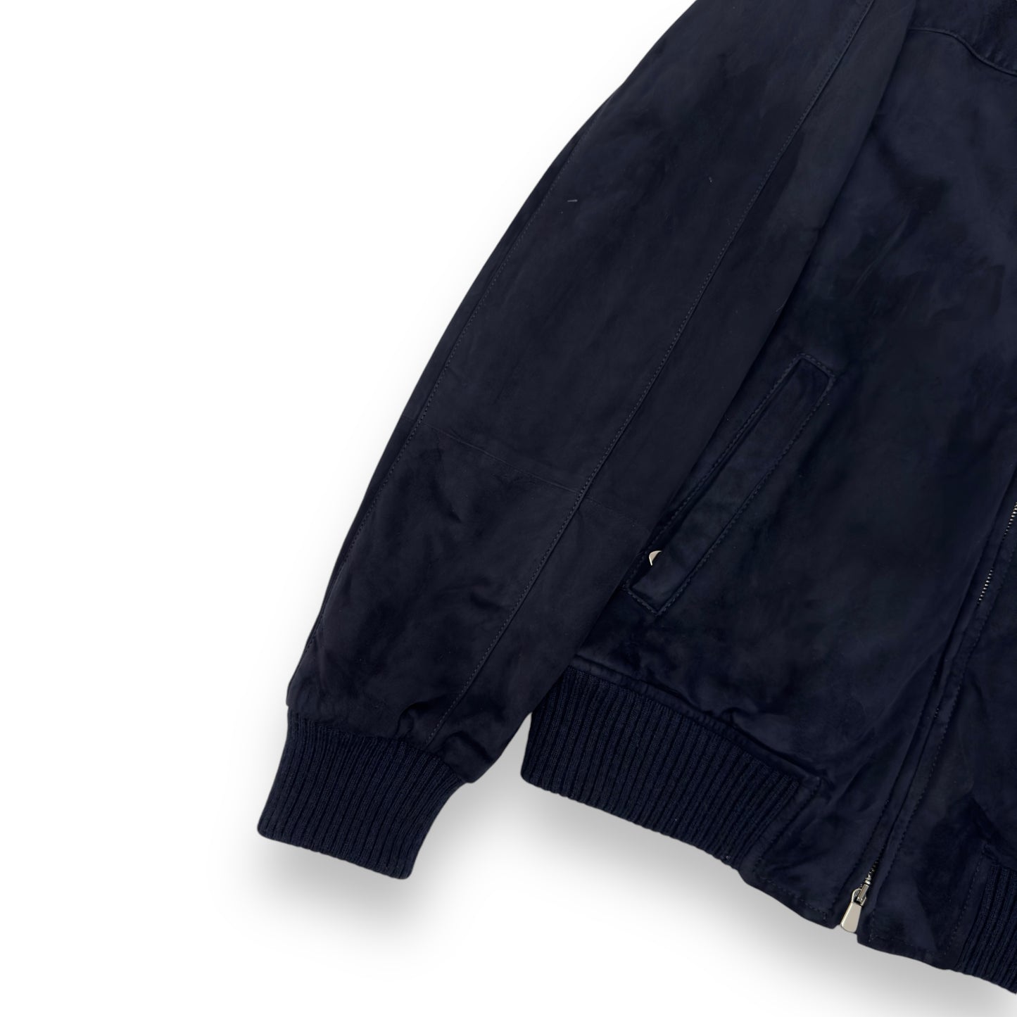 THOM SWEENEY BESPOKE SUEDE COLLARED BOMBER JACKET NAVY M