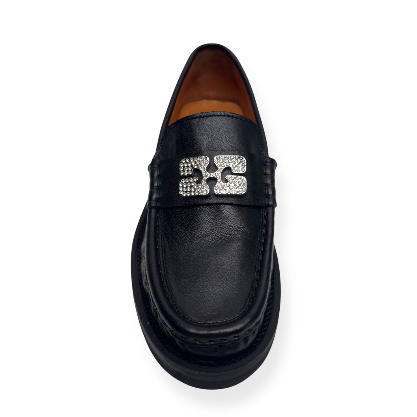 GANNI CRYSTAL-EMBELLISHED LEATHER LOAFERS BLACK / SILVER 38 / UK5