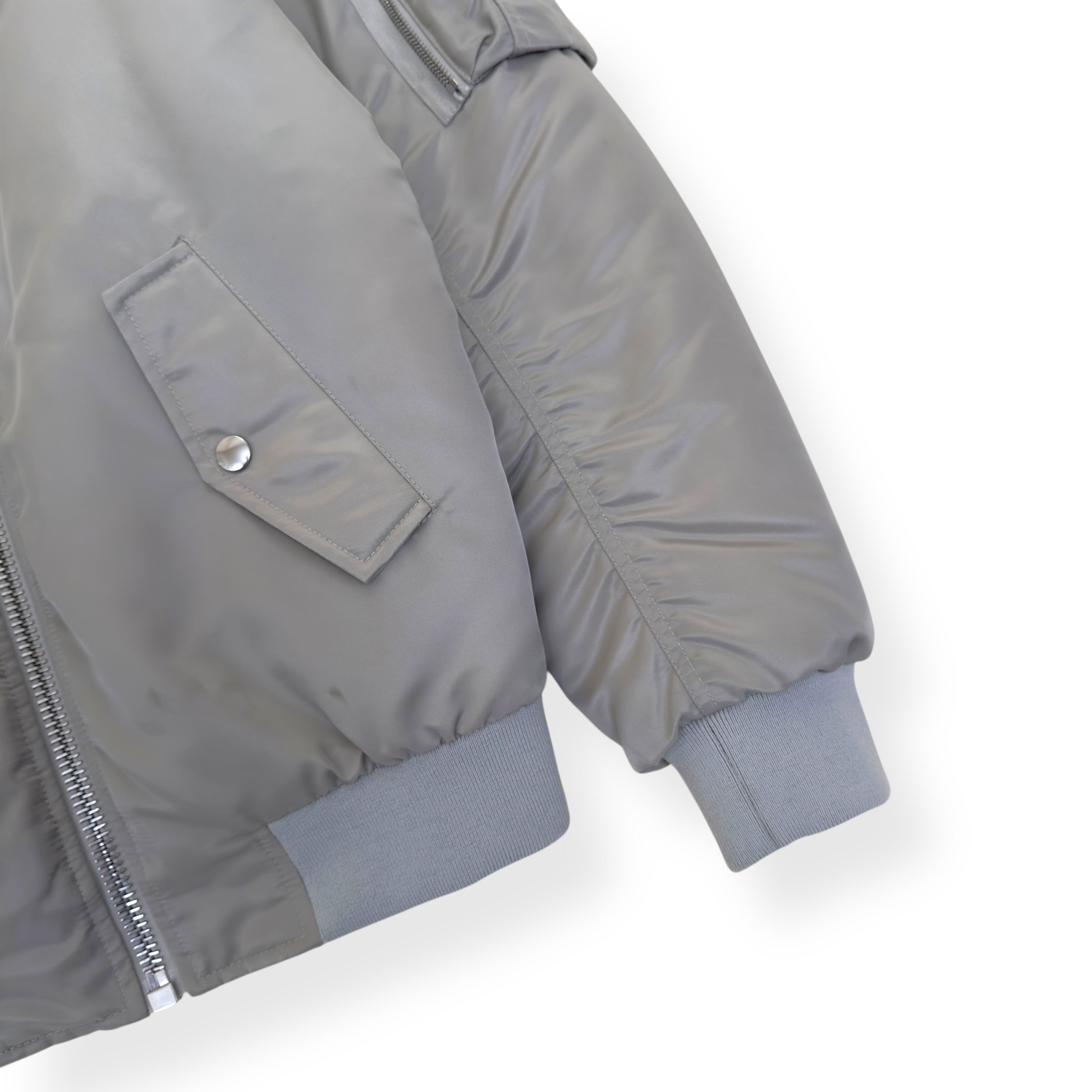 CELINE LOGO-PRINT CHAIN-EMBELLISHED SHELL BOMBER JACKET GREY / BLACK 44 / XXS