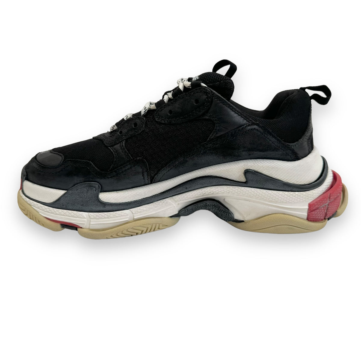 BALENCIAGA TRIPLE S DISTRESSED SNEAKER BLACK / WHITE / RED UK8