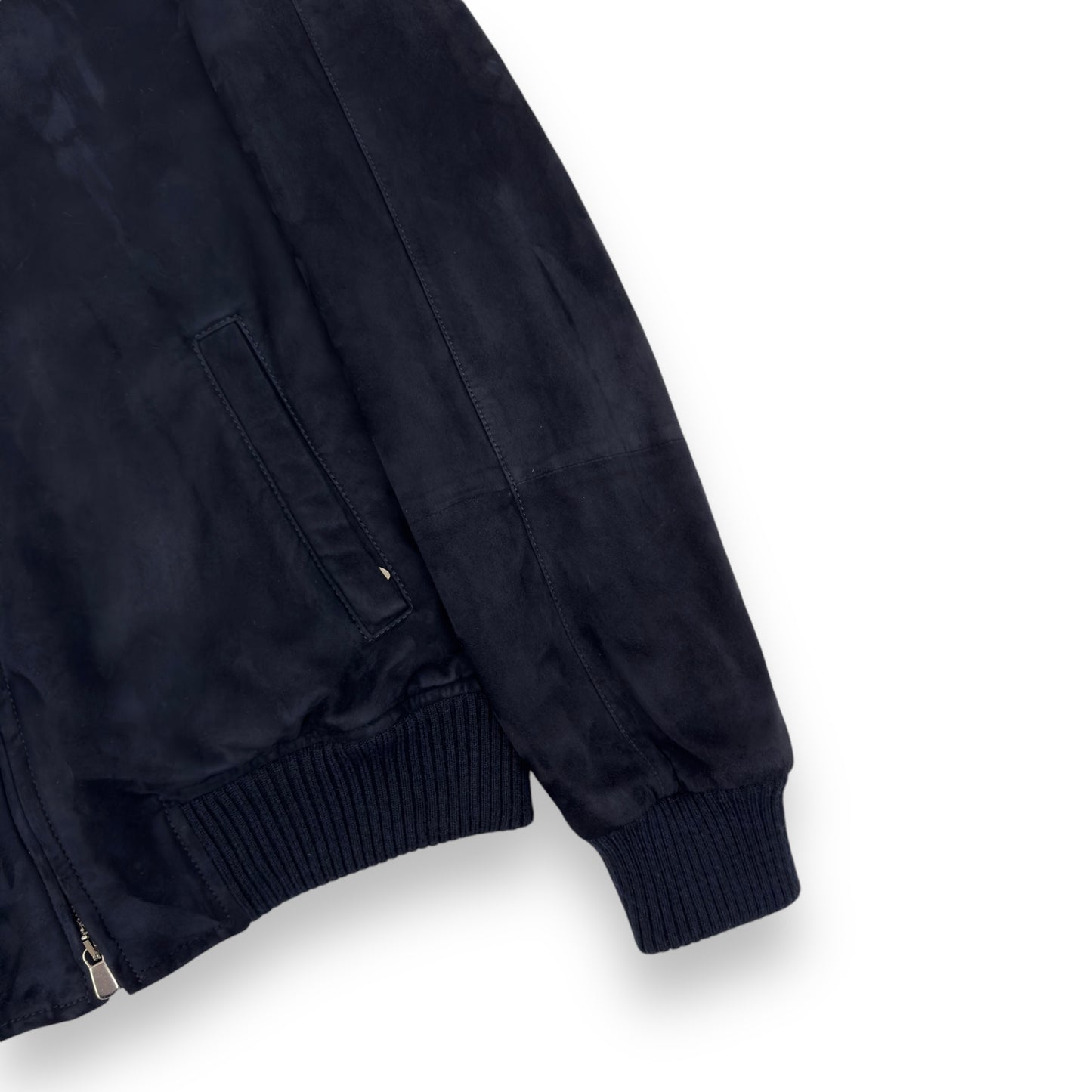 THOM SWEENEY BESPOKE SUEDE COLLARED BOMBER JACKET NAVY M