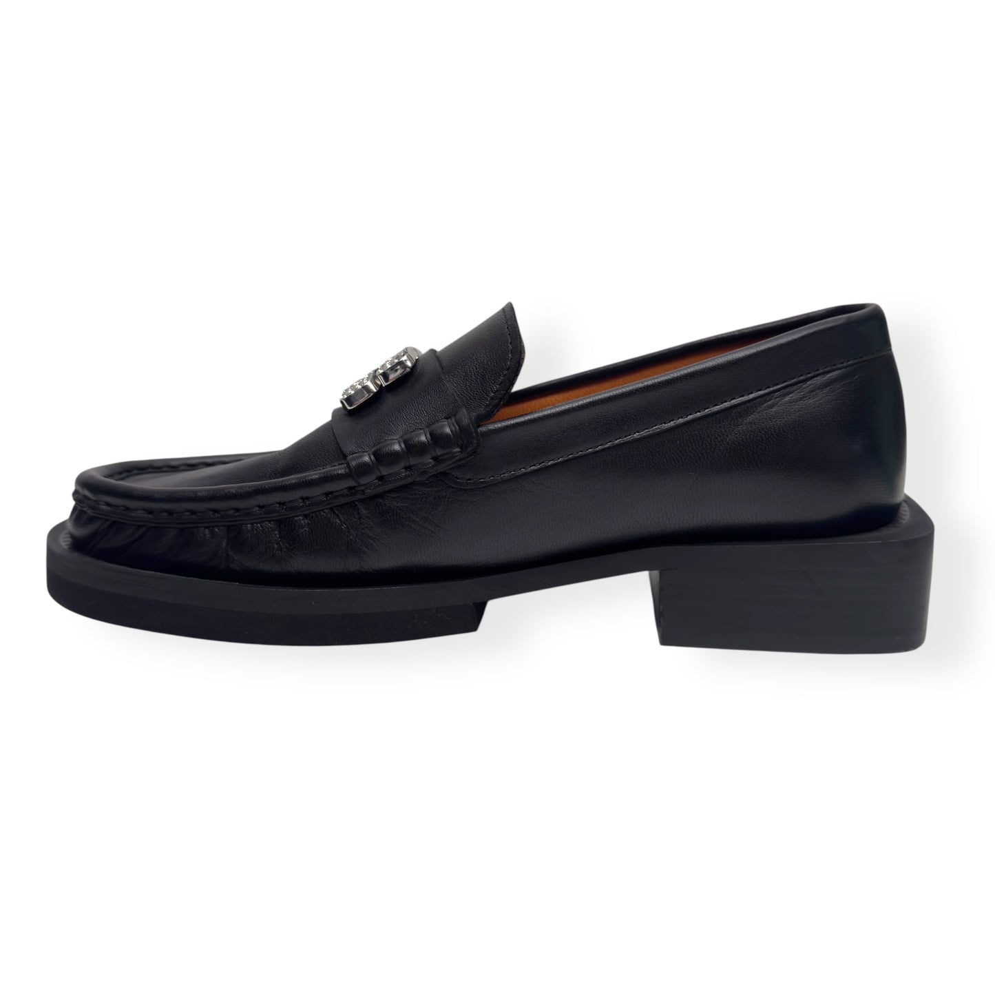 GANNI CRYSTAL-EMBELLISHED LEATHER LOAFERS BLACK / SILVER 38 / UK5