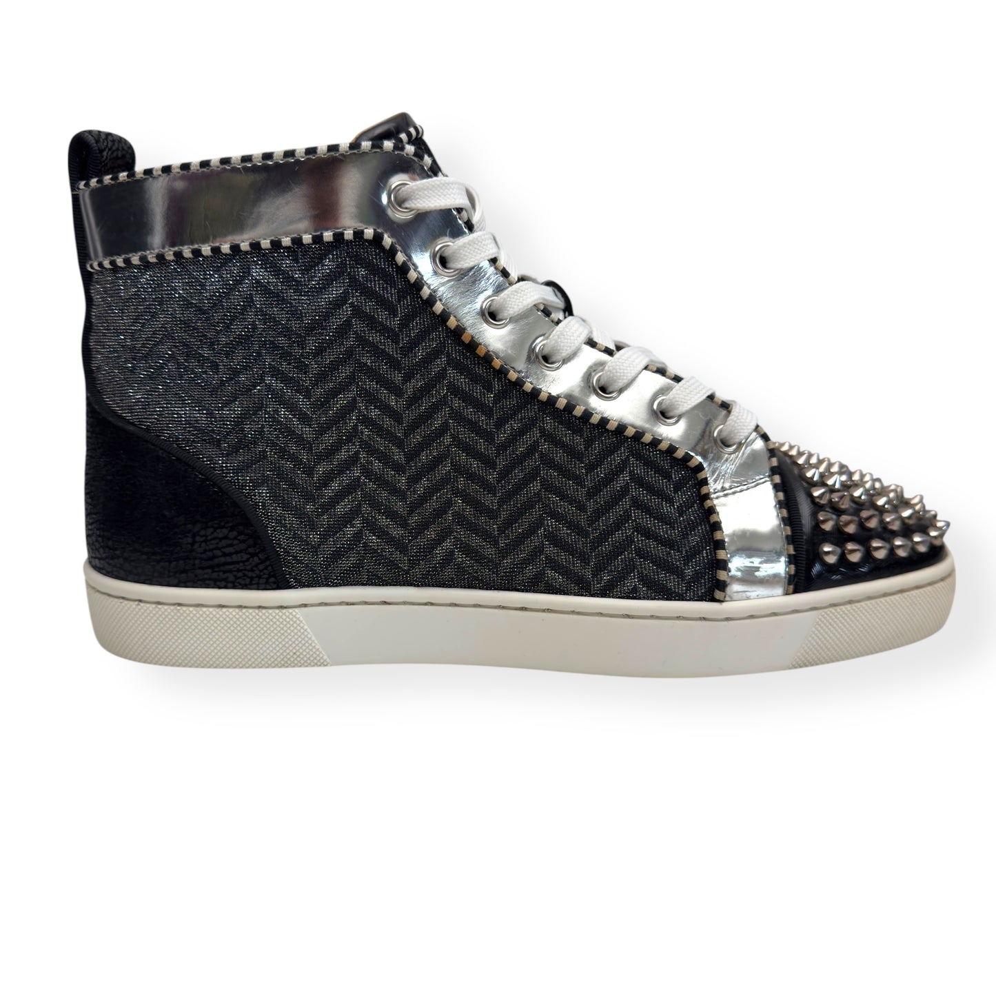 CHRISTIAN LOUBOUTIN LOW SPIKES ORLATO HIGH TOP SNEAKER BLACK / WHITE / SILVER 42 / UK8