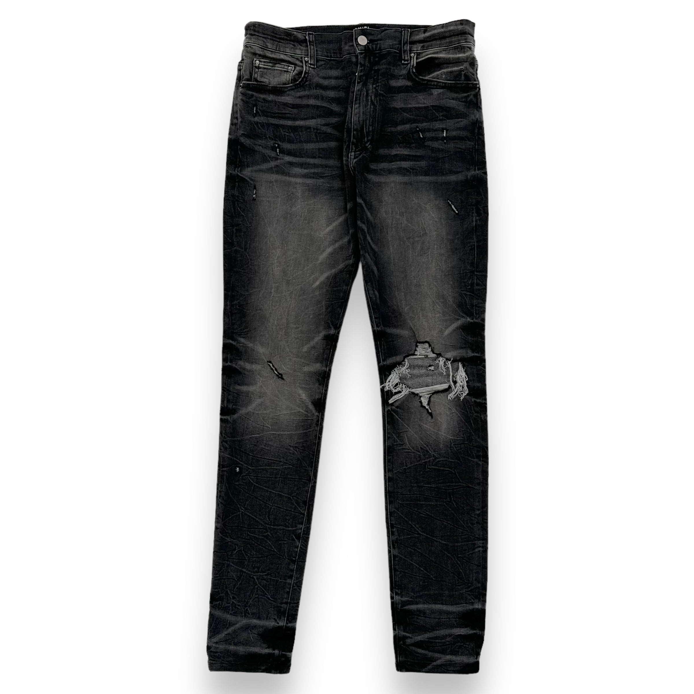 AMIRI SKINNY DISTRESSED STRETCH-DENIM JEANS DARK GREY 34W