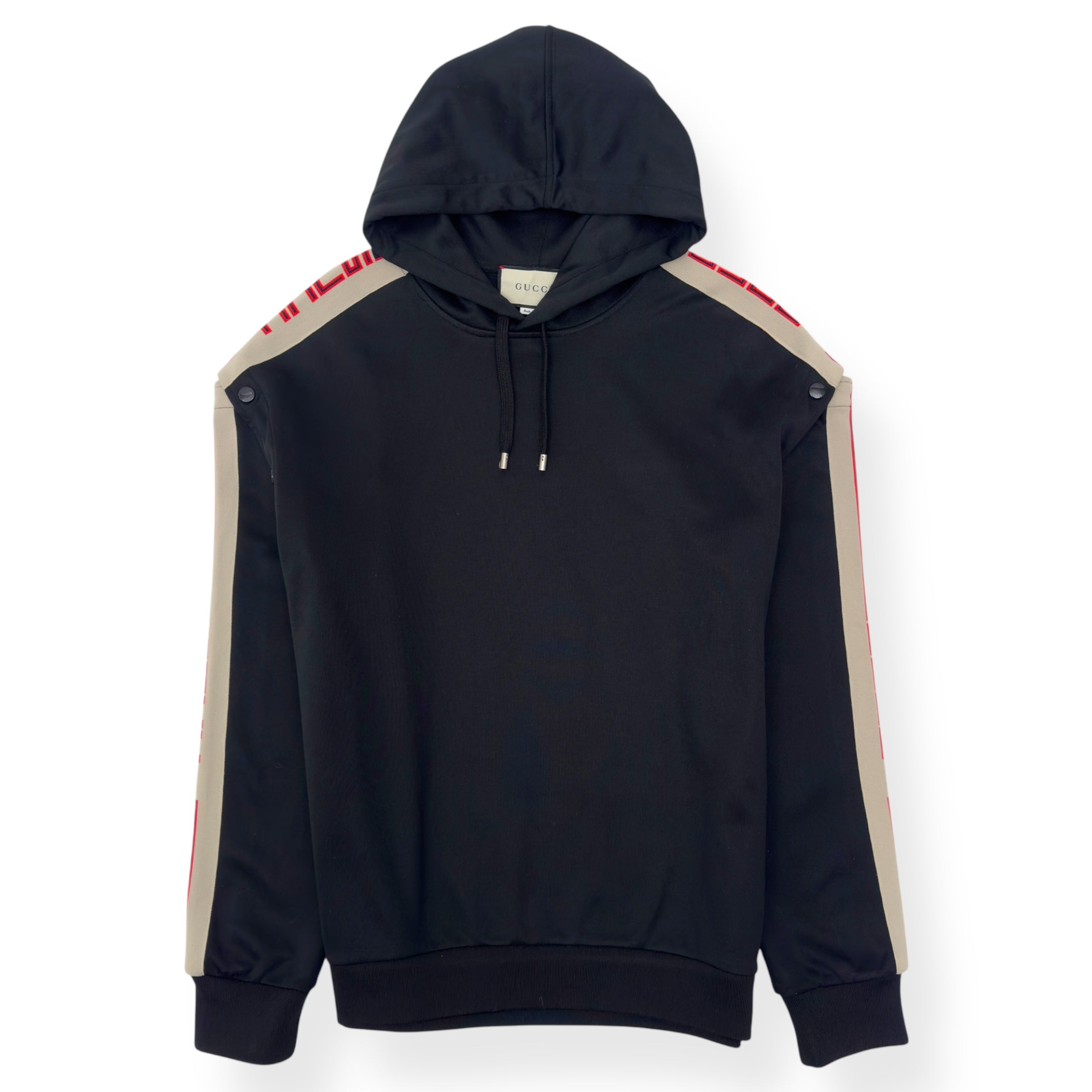 GUCCI TAPE LOGO DETACHABLE WEB SLEEVE HOODIE BLACK / RED S