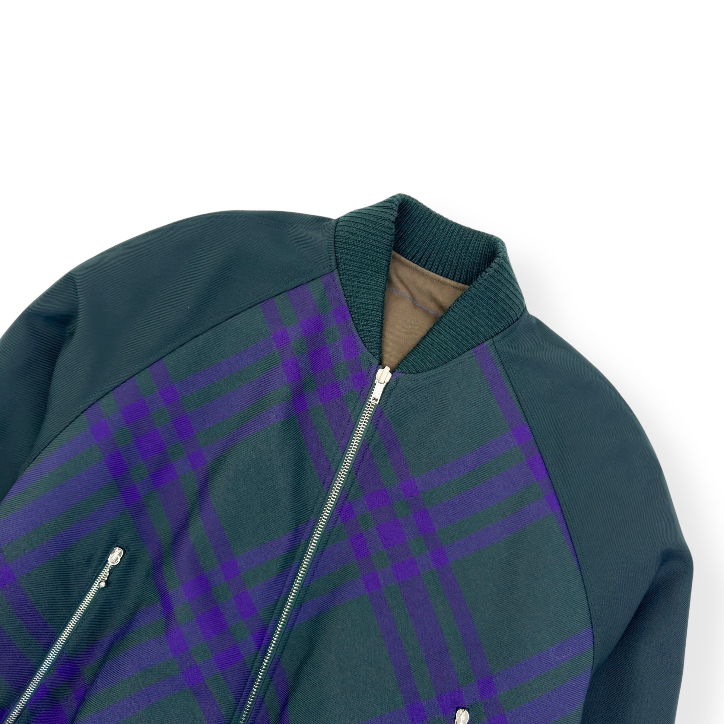 BURBERRY CHECKED REVERSIBLE COTTON-TWILL BOMBER JACKET GREEN / PURPLE XL