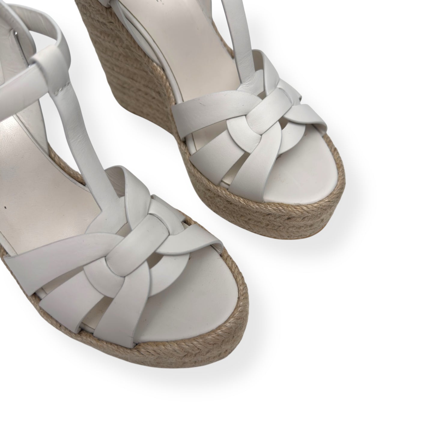 SAINT LAURENT TRIBUTE ESPADRILLE SMOOTH LEATHER WEDGE WHITE 38 / UK5