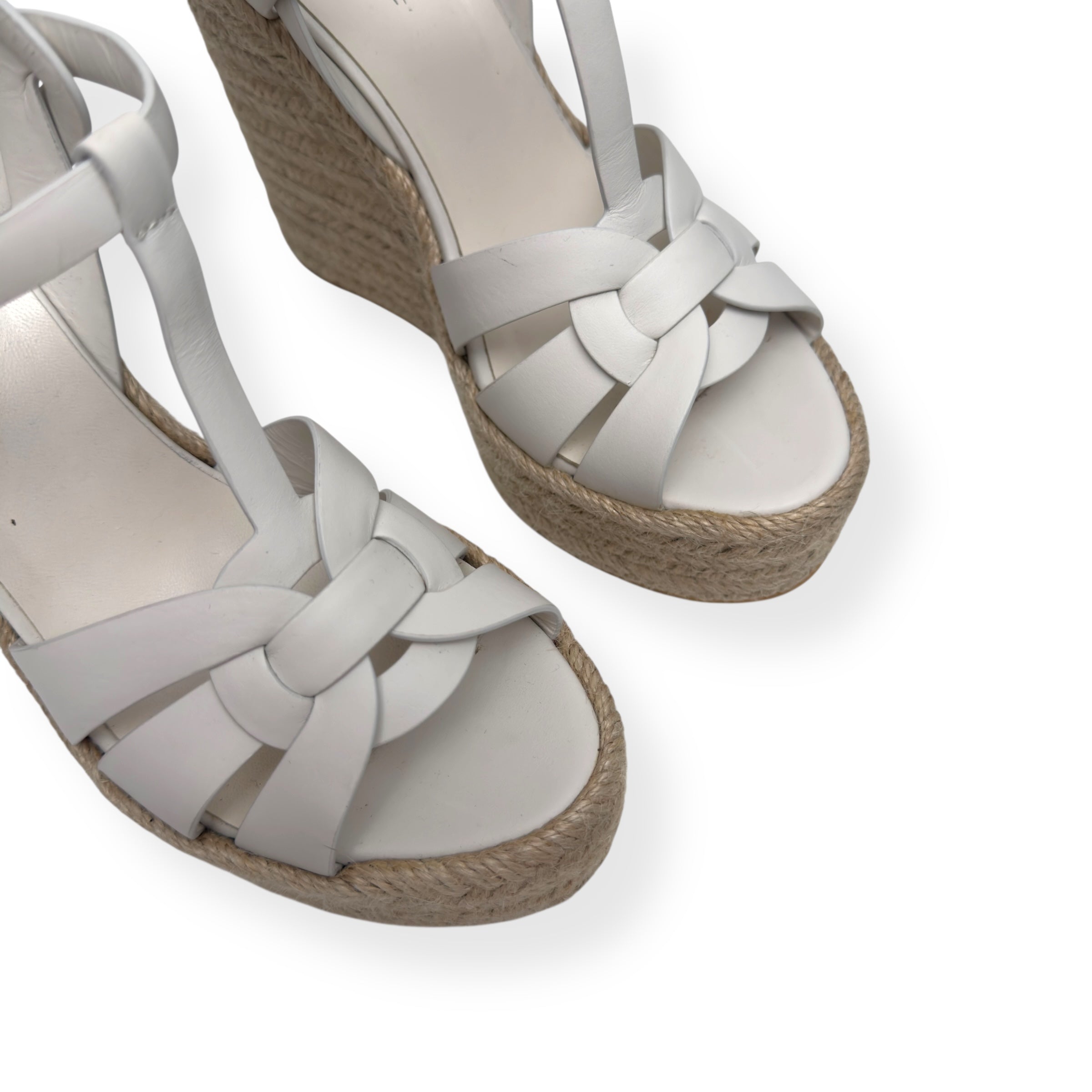 SAINT LAURENT TRIBUTE ESPADRILLE SMOOTH LEATHER WEDGE WHITE 38 / UK5
