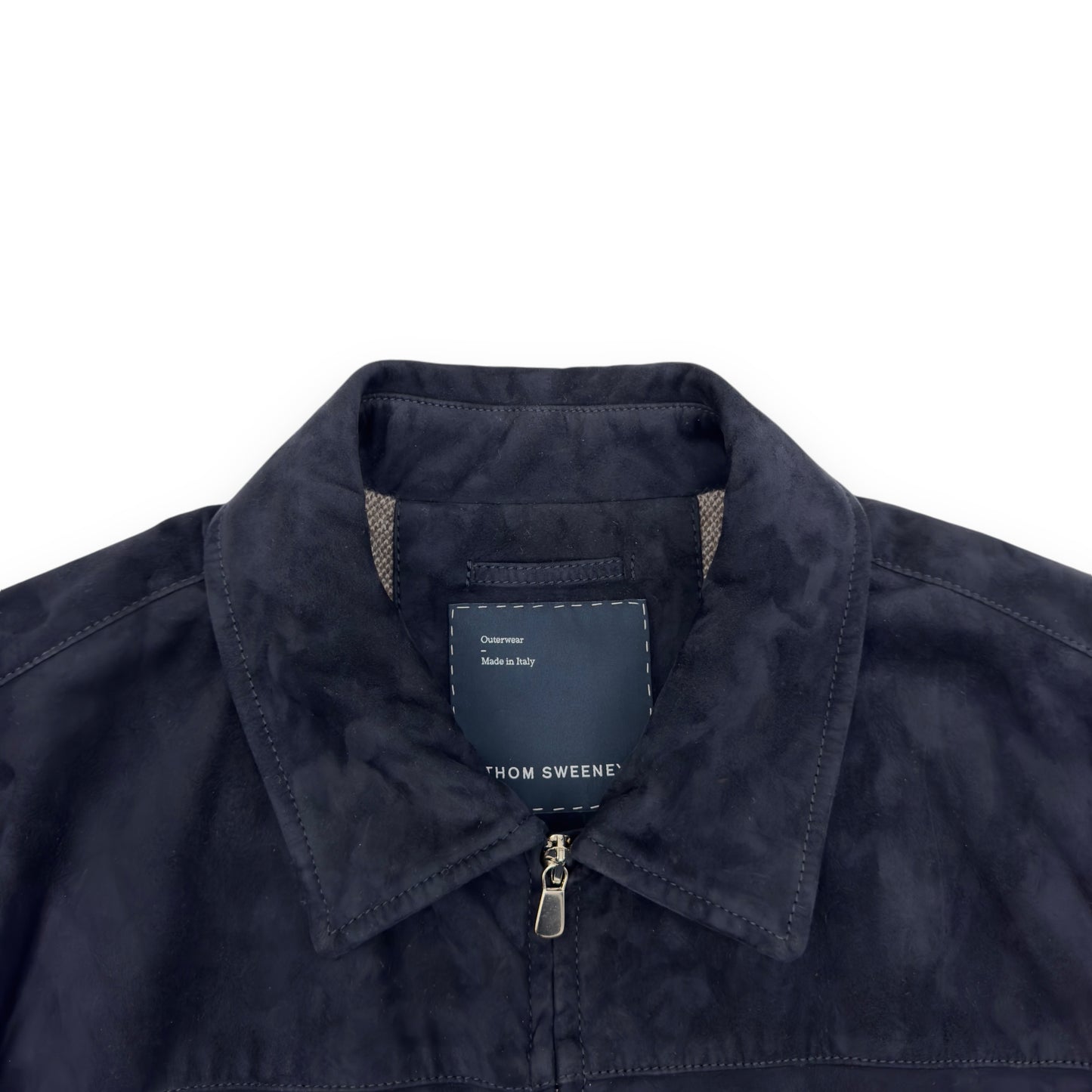 THOM SWEENEY BESPOKE SUEDE COLLARED BOMBER JACKET NAVY M